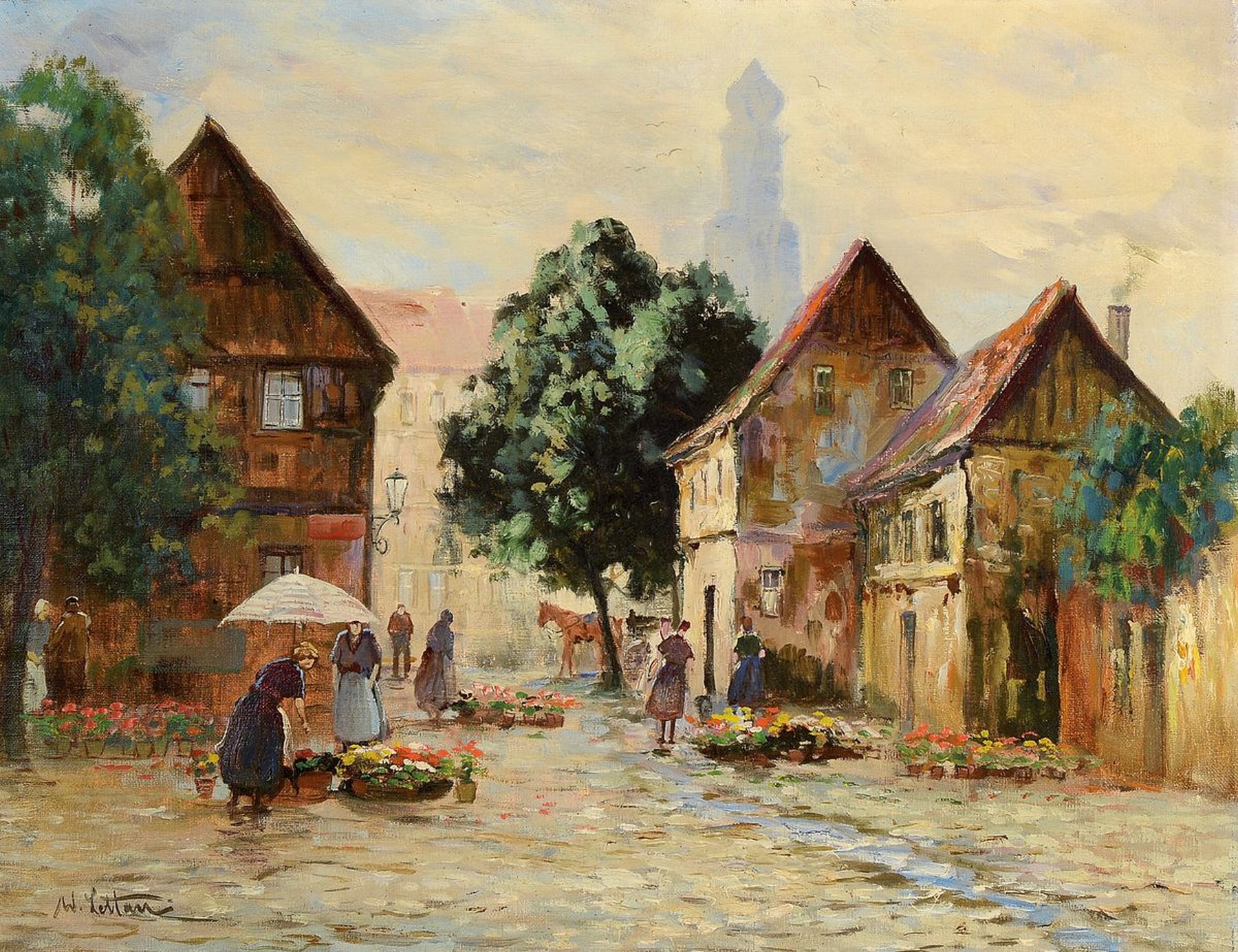 W. Lettau, erste Hälfte 20. Jh., Blumenmarkt, Öl/Lwd, li. u. signiert, 50 x 65 cm, Rahmen