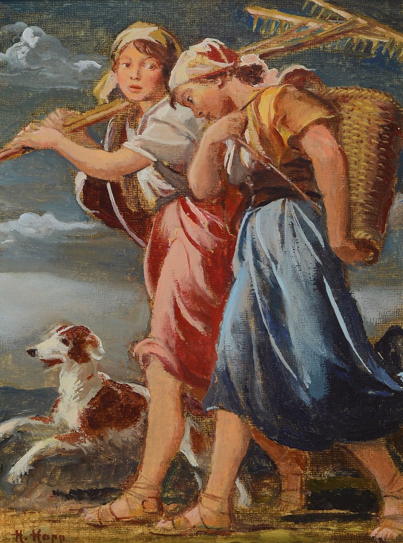 Hans Happ, 1889-1992, zwei Bauernmägde auf dem Rückweg von der Feldarbeit, Öl/Malkarton, links unten signiert, ca. 31.5x24cm, R. ca. 43x36cm