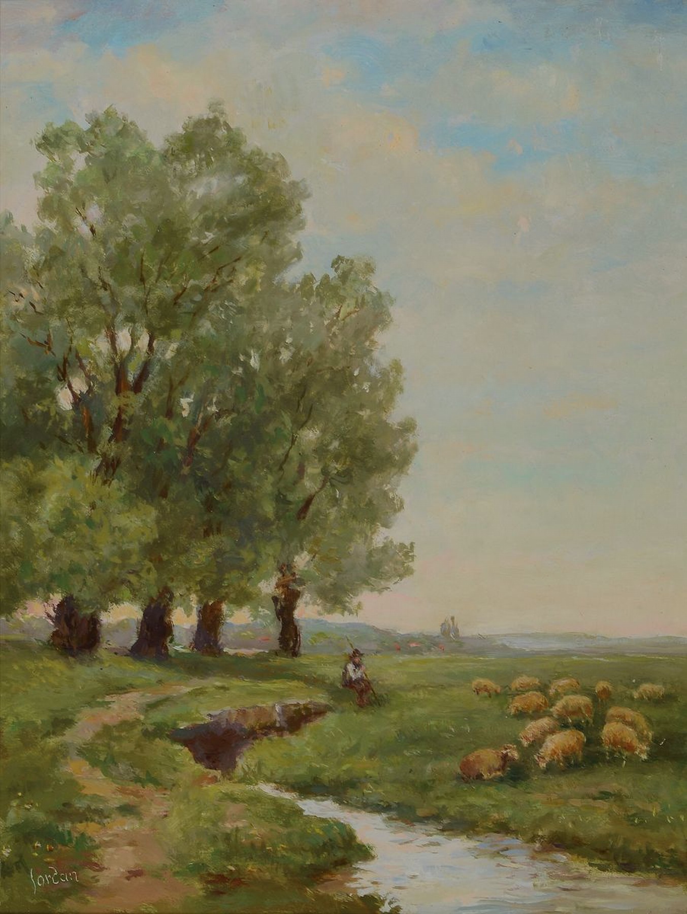 Hans Jordan, geb. 1927 Wuppertal, Nidda-Ufer mit Angler, Öl/Hartfaser, links unten signiert, ca. 31.5x24cm, R. ca. 43x36cm