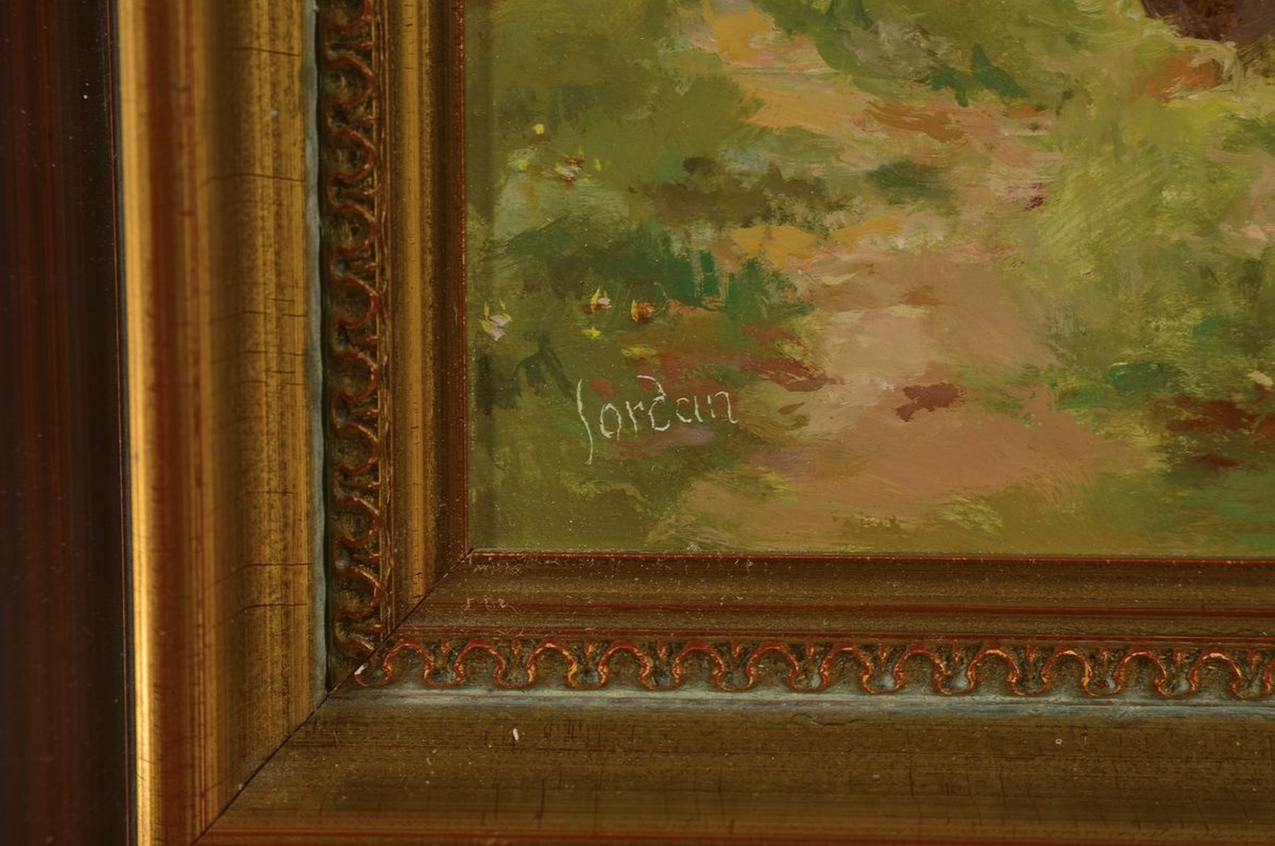 Detail a: Hans Jordan, geb. 1927 Wuppertal, Nidda-Ufer mit Angler, Öl/Hartfaser, links unten signiert, ca. 31.5x24cm, R. ca. 43x36cm