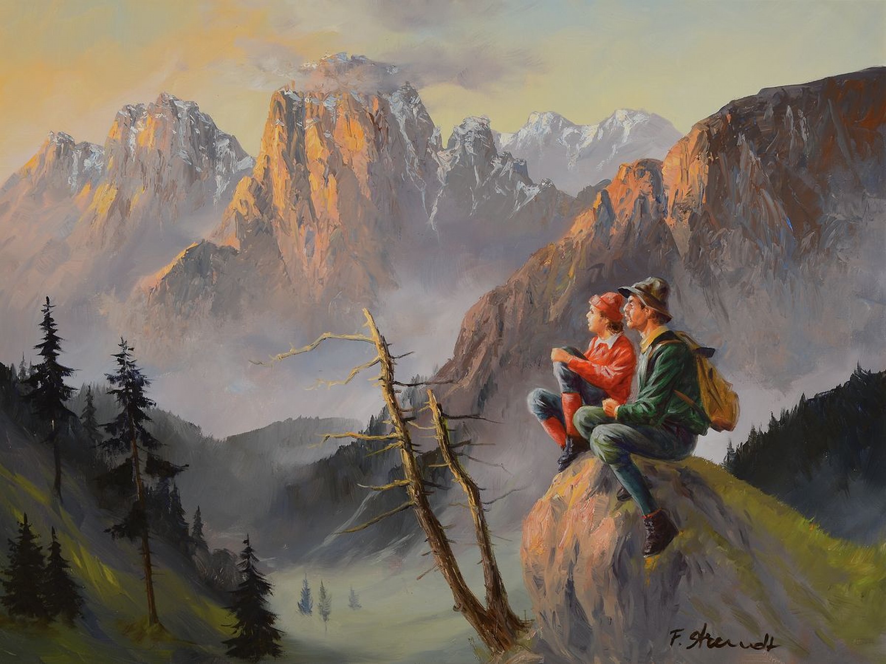 Fred Arendt, geb. 1928 Ulm, Wandererpaar bei der Rast im Hochgebirge, Öl/Lwd, rechts unten signiert, ca. 60x80cm, R. ca. 75x95cm