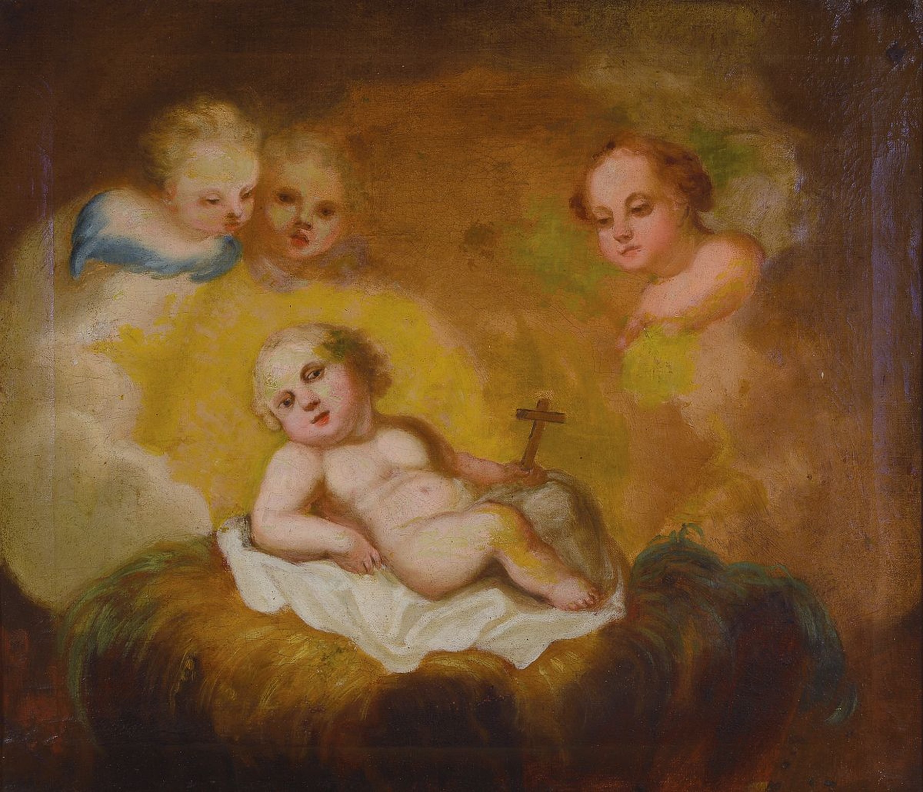 Barockkünstler um 1720, Jesuskind mit Kreuz und drei Engelsköpfen, Anspielung auf den Heilsweg, Öl/Lwd, beschädigt bzw. teilrestauriert, ca. 57 x ...