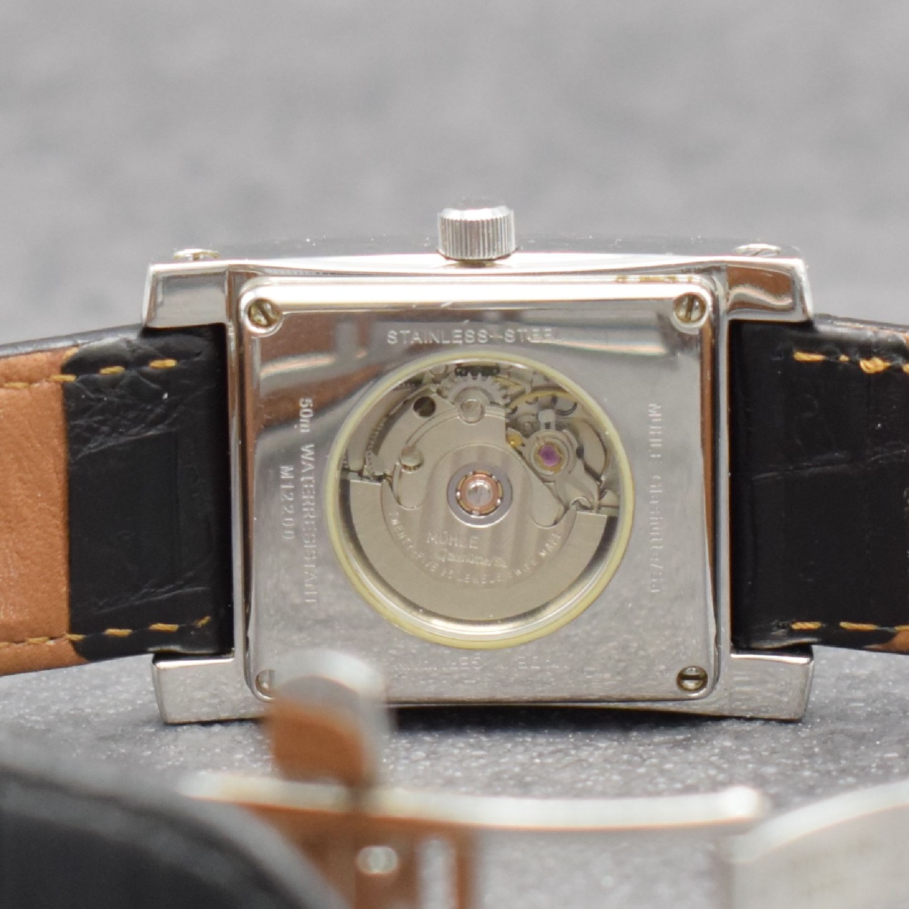 Detail e: MÜHLE Glashütte/SA Nautische Instrumente rechteckige Armbanduhr in Edelstahl, Deutschland/Schweiz lt. beil. orig. Papier verk. Mai 2001, Automatik, ...