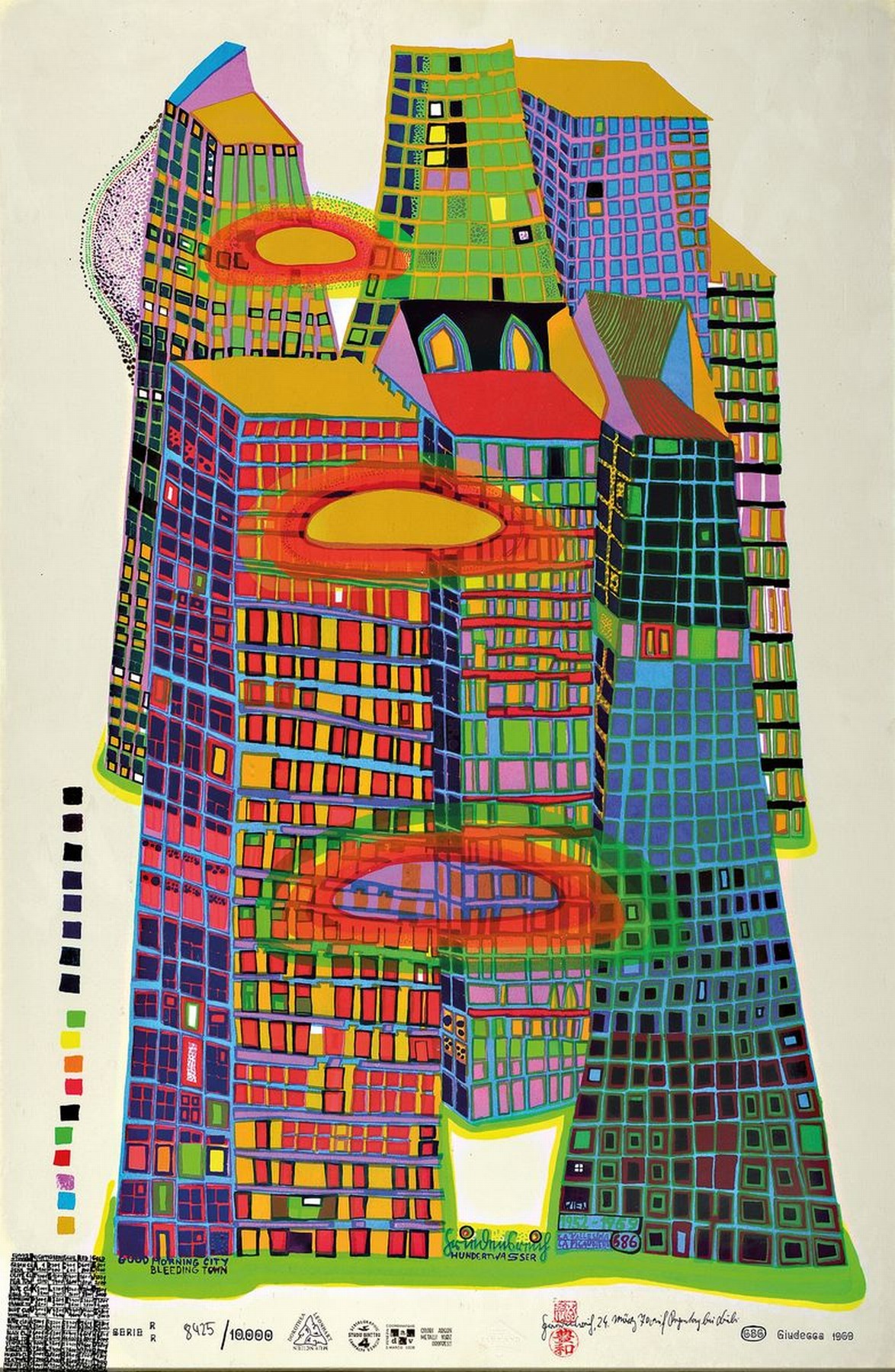Friedensreich Hundertwasser, 1928-2000, "Good Morning City", Farbsiebdruck, num. 8425/10000, unter Glas, gesamt ca. 87x58 cm