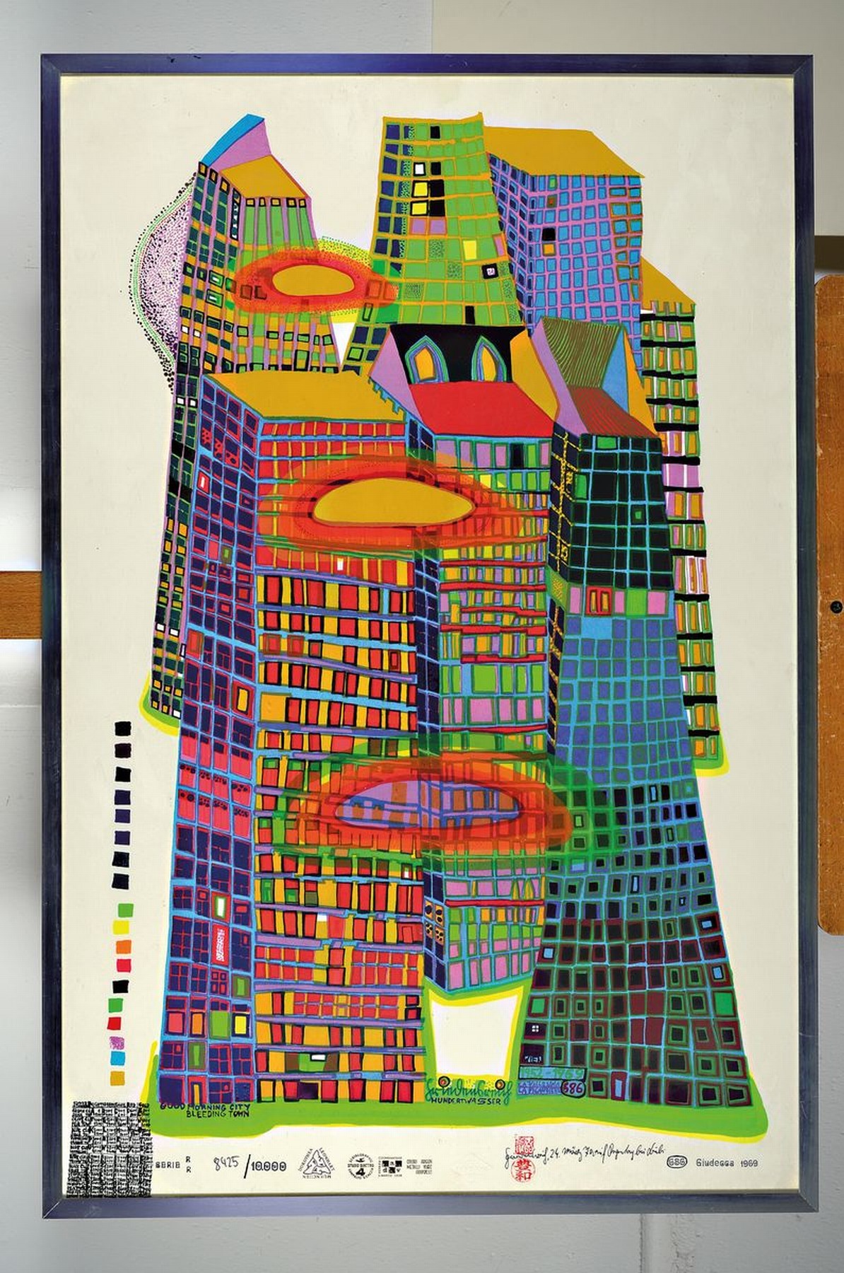 Detail k: Friedensreich Hundertwasser, 1928-2000, "Good Morning City", Farbsiebdruck, num. 8425/10000, unter Glas, gesamt ca. 87x58 cm