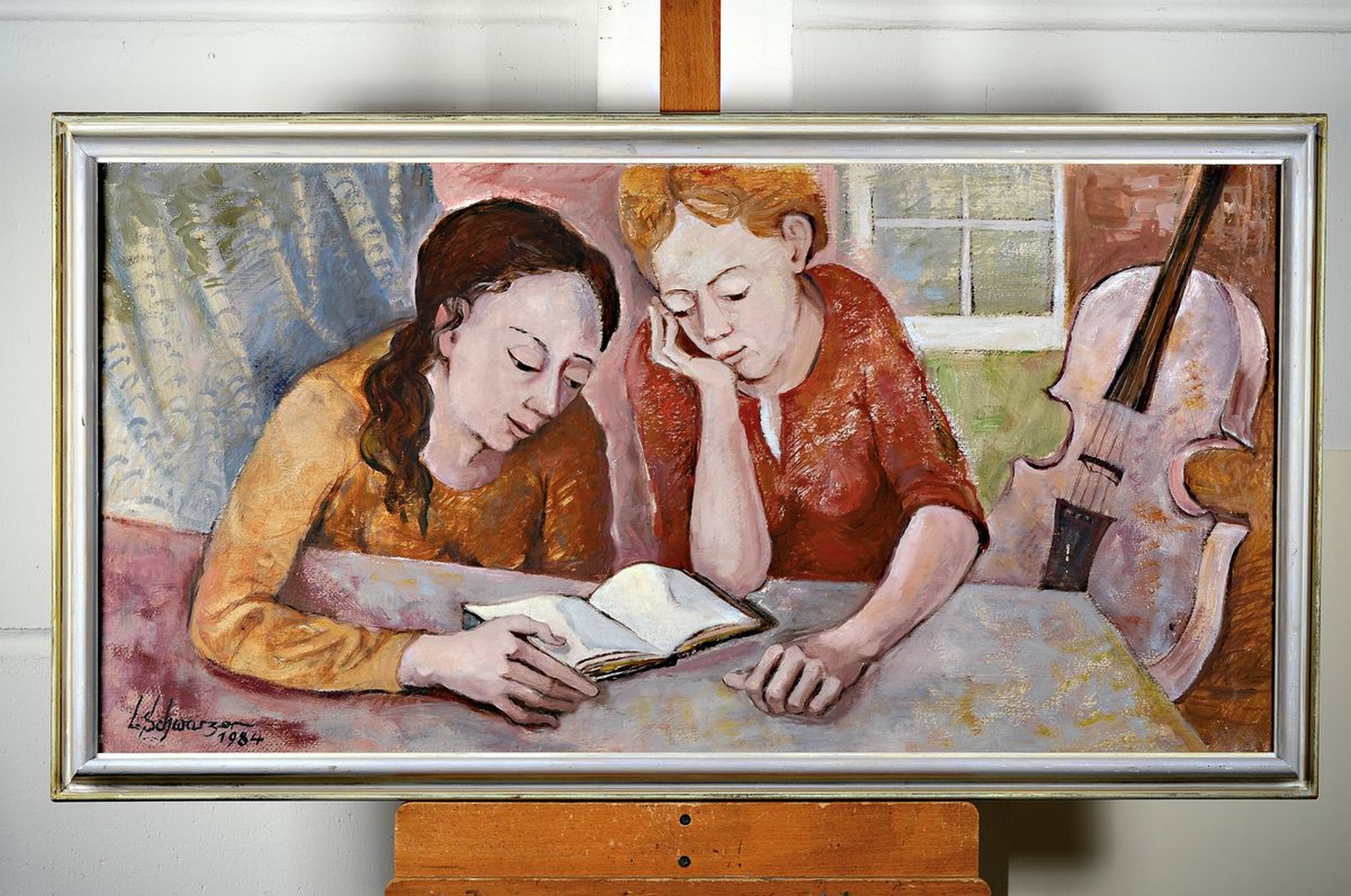 Detail k: Ludwig Schwarzer, 1912-1989, lesendes Paar, Acryl/Lwd, links unten sign., dat. 1984, R. ca. 62x107 cm