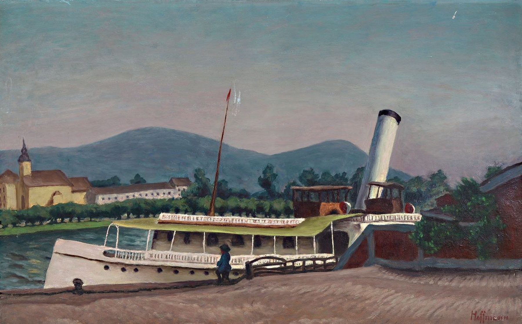 Fritz Hoffmann, 1915-1997 , "Dampfer", Öl/Lwd, re. unten sign., oben l. beschädigt, ca. 62x107 cm