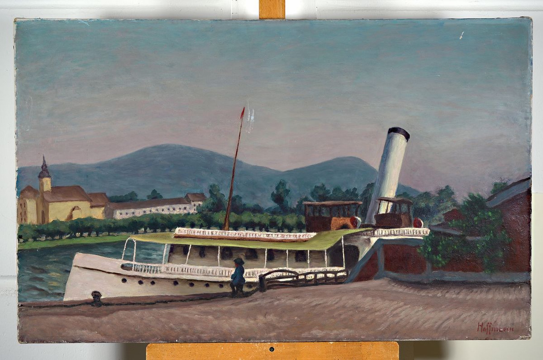 Detail k: Fritz Hoffmann, 1915-1997 , "Dampfer", Öl/Lwd, re. unten sign., oben l. beschädigt, ca. 62x107 cm