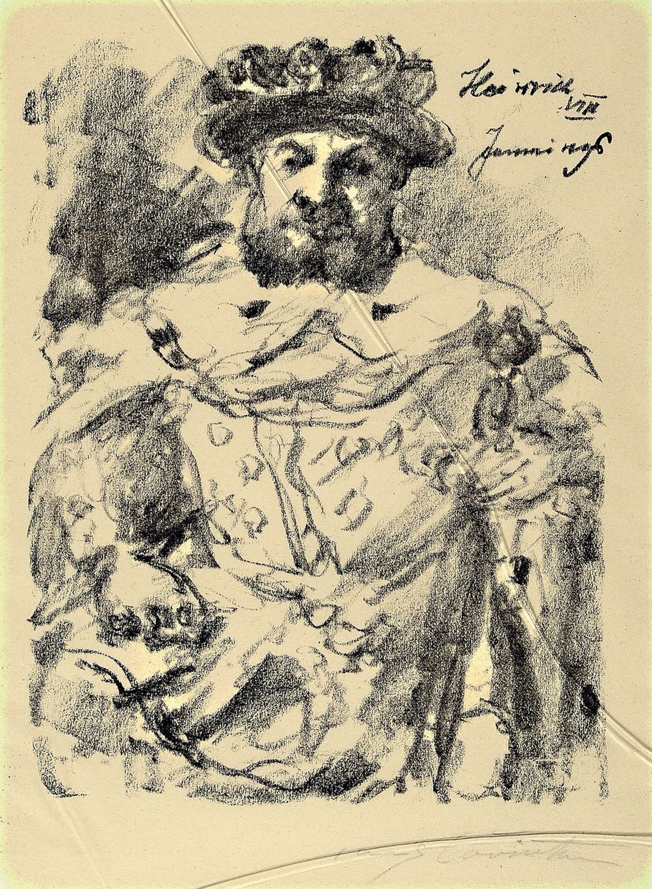 Lovis Corinth, 1858-1925, Heinrich VIII., Lithographie, handsigniert, ca. 35x24cm, PP, u.Gl., R. ca. 52x43cm, Glas gesprungen