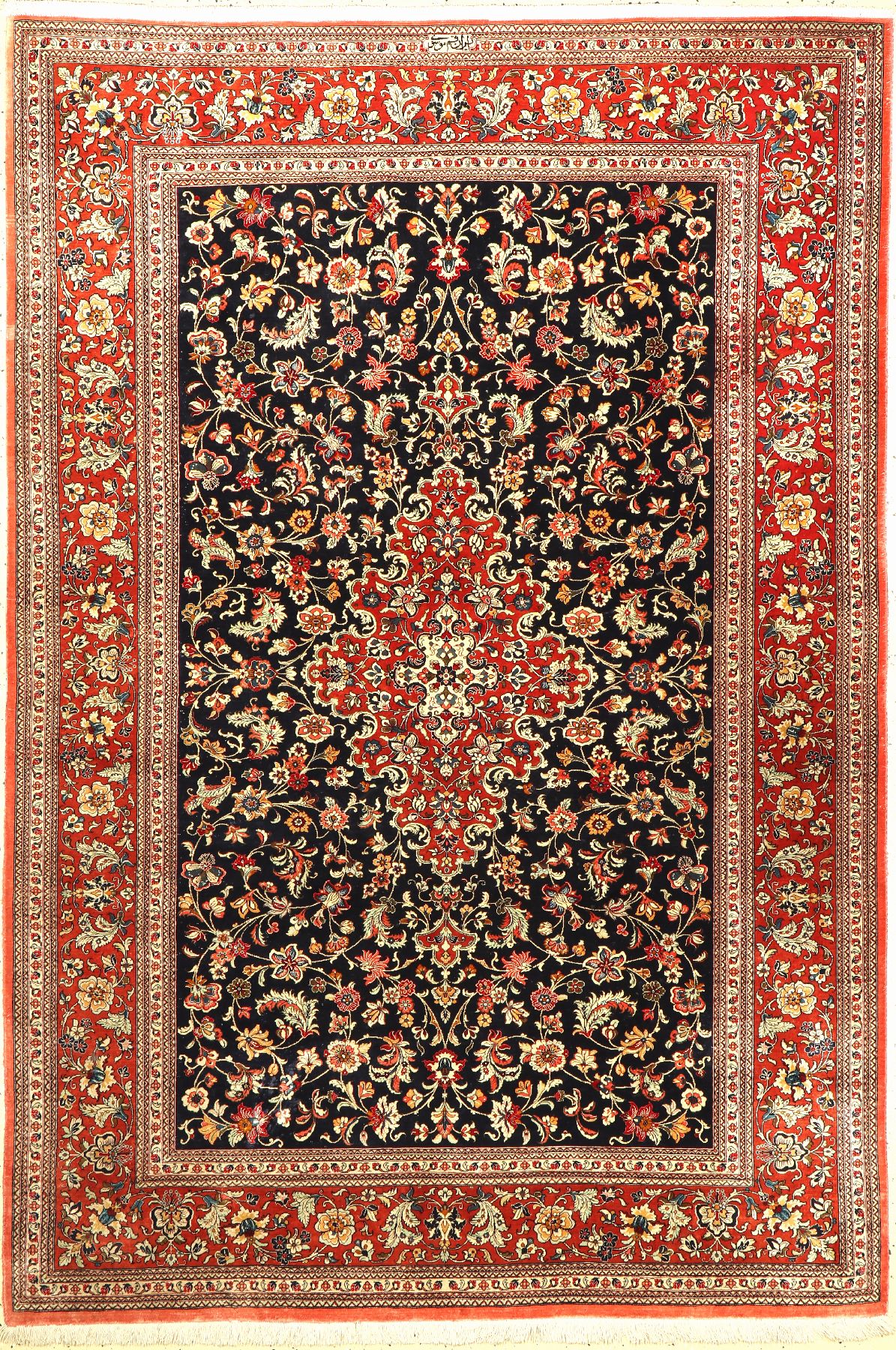 Ghom Seide fein Signiert, (Mosawi), Persien, ca. 50 Jahre, reine Naturseide, ca. 200 x 137 cm, ca. 1,0 Mio. Kn/qm, EHZ: 2-3