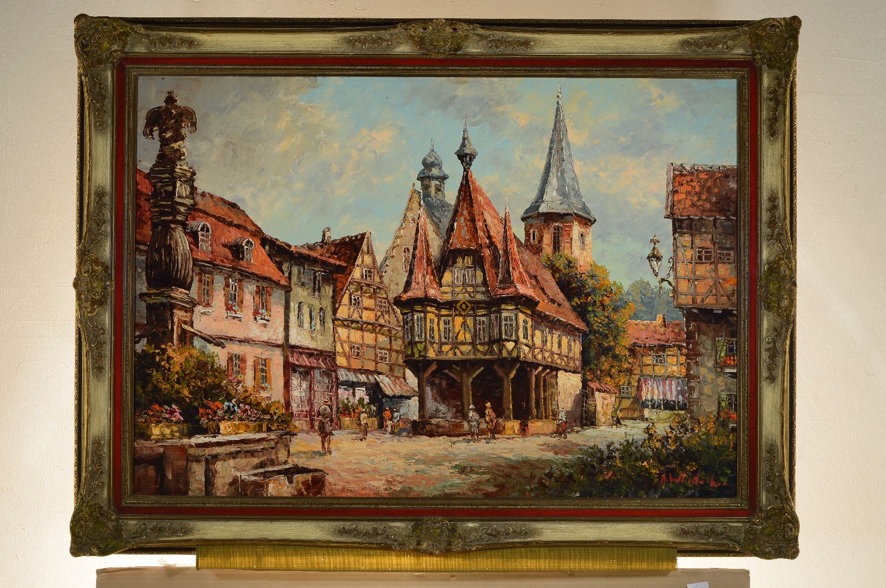 Otmar Widmann, geb. 1938 Aschaffenburg, Das Rathaus in Michelstadt, Öl/Lwd, rechts unten signiert, ca. 70x100cm, R. ca. 88x118cm