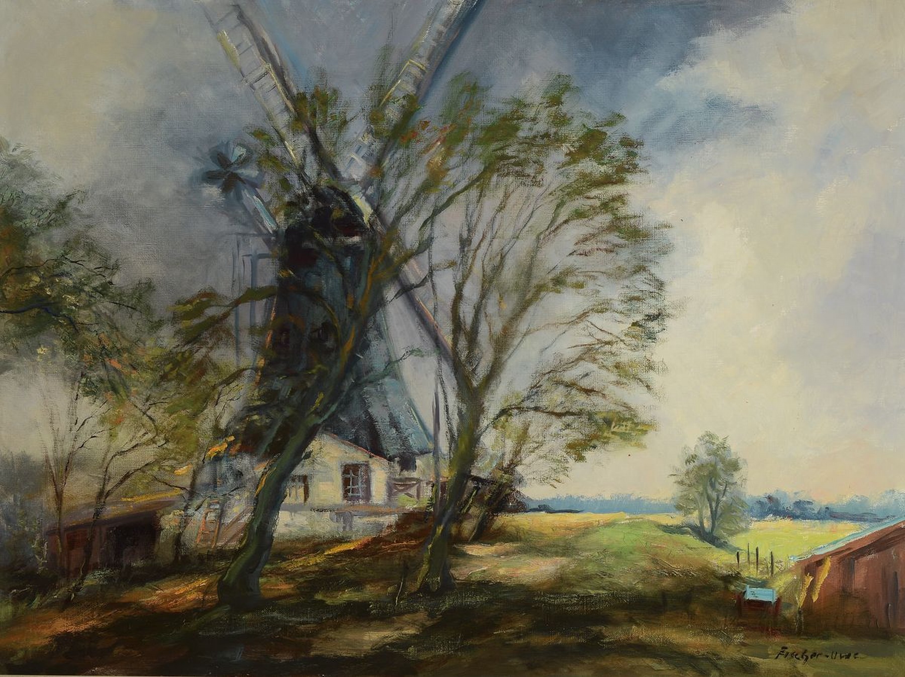 Bruno Fischer-Uwe, 1915 Lothringen-1992 Worpswede, Windmühle hinter Bäumen, Öl/Lwd, rechts unten signiert, ca. 60x80cm, R. ca. 71x91cm