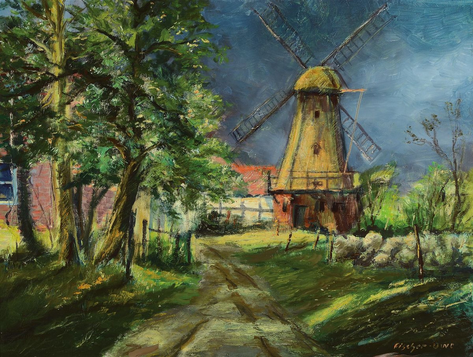 Bruno Fischer-Uwe, 1915 Lothringen-1992 Worpswede, Gewitterstimmung über Gehöft mit Windmühle, Öl/Lwd, rechts unten signiert, ca. 60x80cm, R. ca. ...