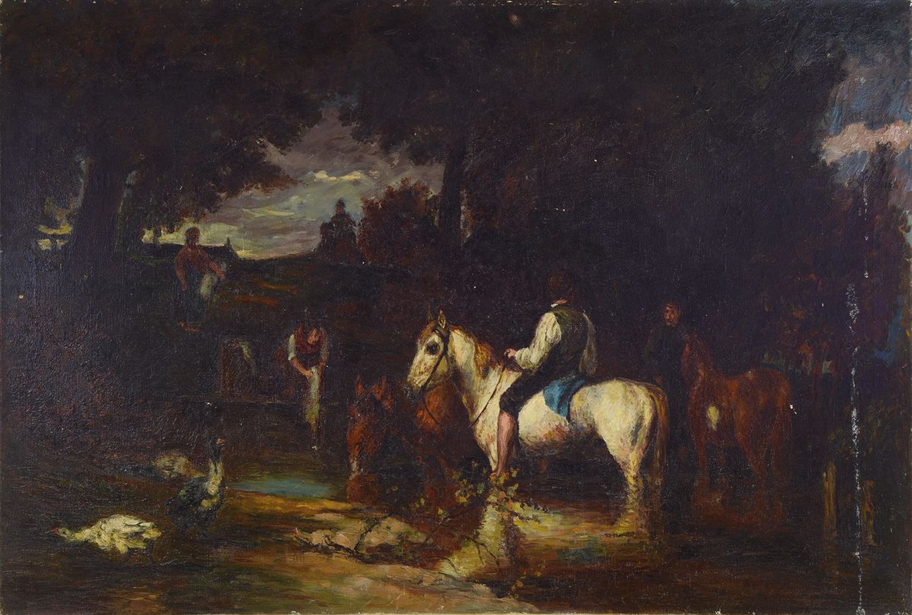 Unbekannter Künstler, Münchener Schule, um 1900, Wäscherinnen und Reiter am See, rest., Öl/Lwd, altersbedingt krakeliert, ca. 64x94cm