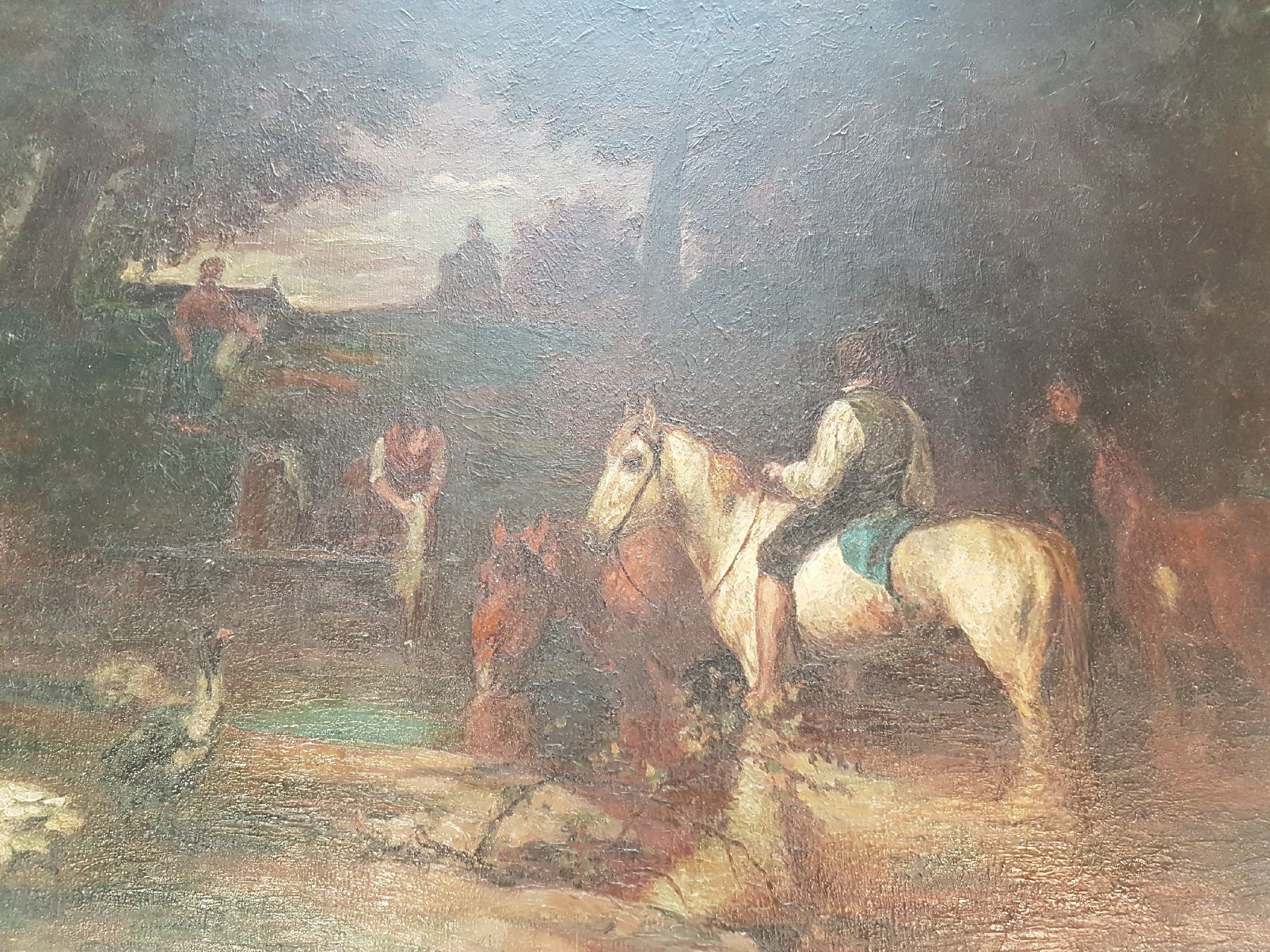 Detail b: Unbekannter Künstler, Münchener Schule, um 1900, Wäscherinnen und Reiter am See, rest., Öl/Lwd, altersbedingt krakeliert, ca. 64x94cm