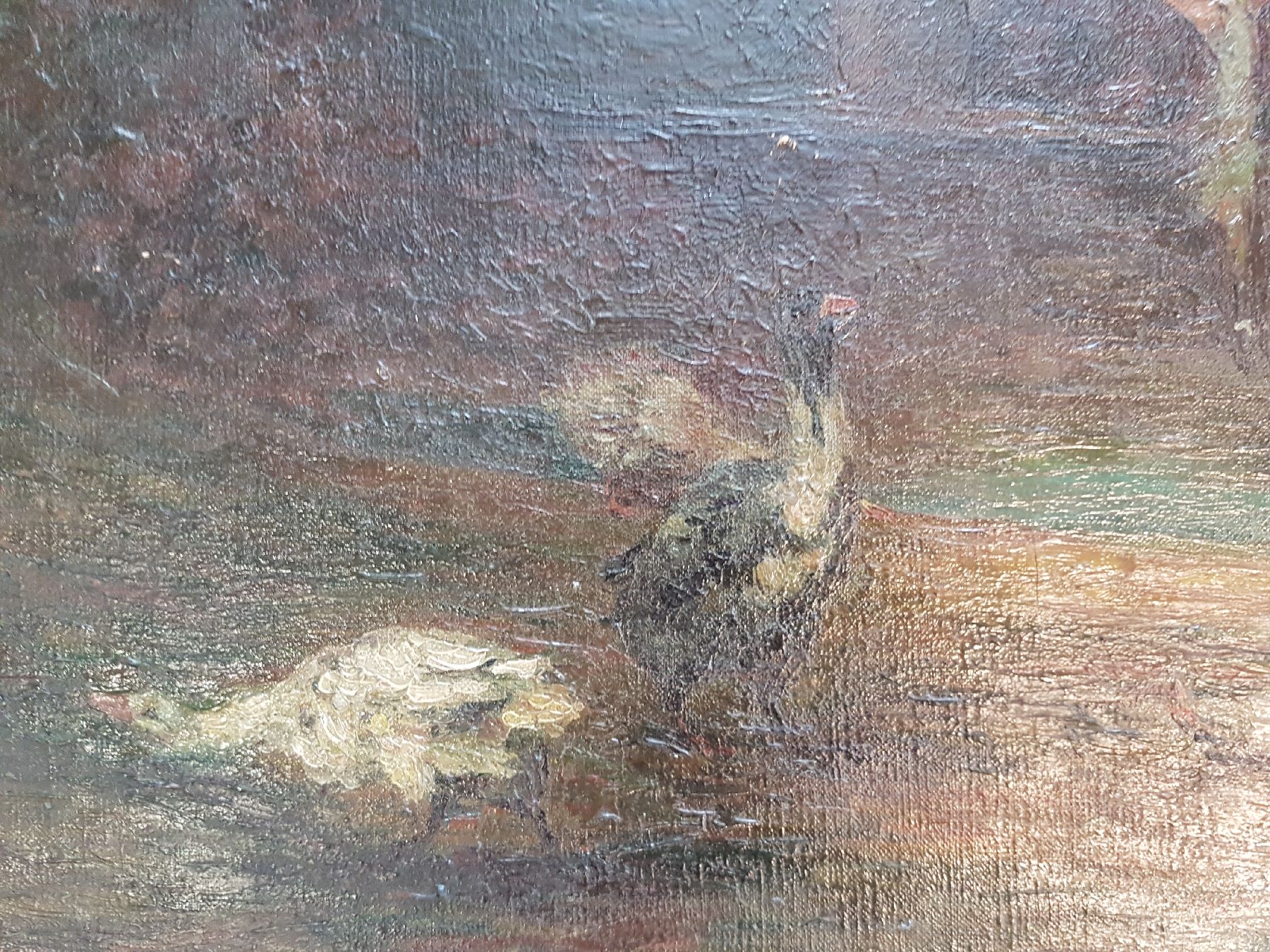 Detail c: Unbekannter Künstler, Münchener Schule, um 1900, Wäscherinnen und Reiter am See, rest., Öl/Lwd, altersbedingt krakeliert, ca. 64x94cm