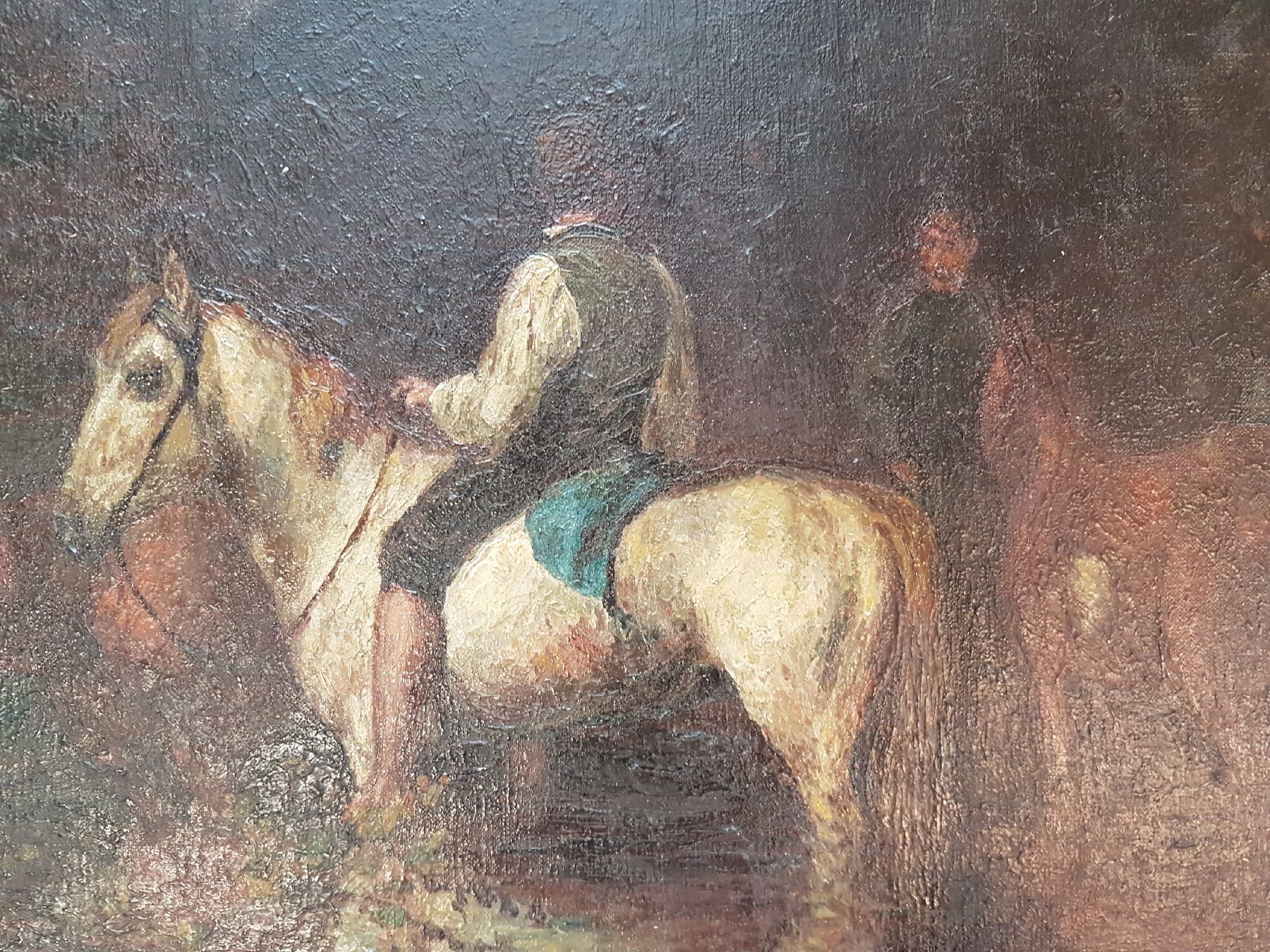 Detail d: Unbekannter Künstler, Münchener Schule, um 1900, Wäscherinnen und Reiter am See, rest., Öl/Lwd, altersbedingt krakeliert, ca. 64x94cm