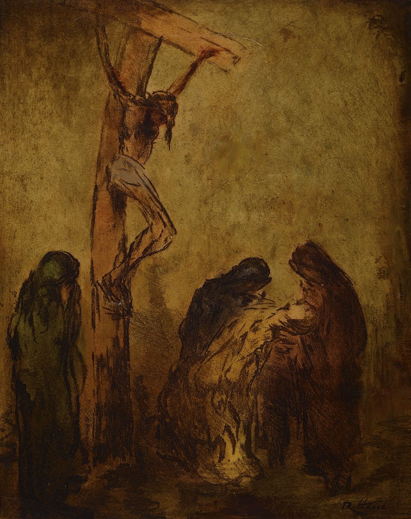 Rudolf Hesse, 1871 Saarlouis-1944 München, Kreuzigungsszene, Öl/Hartfaser, rechts unten signiert, ca. 30x24cm, R. ca. 36x30cm