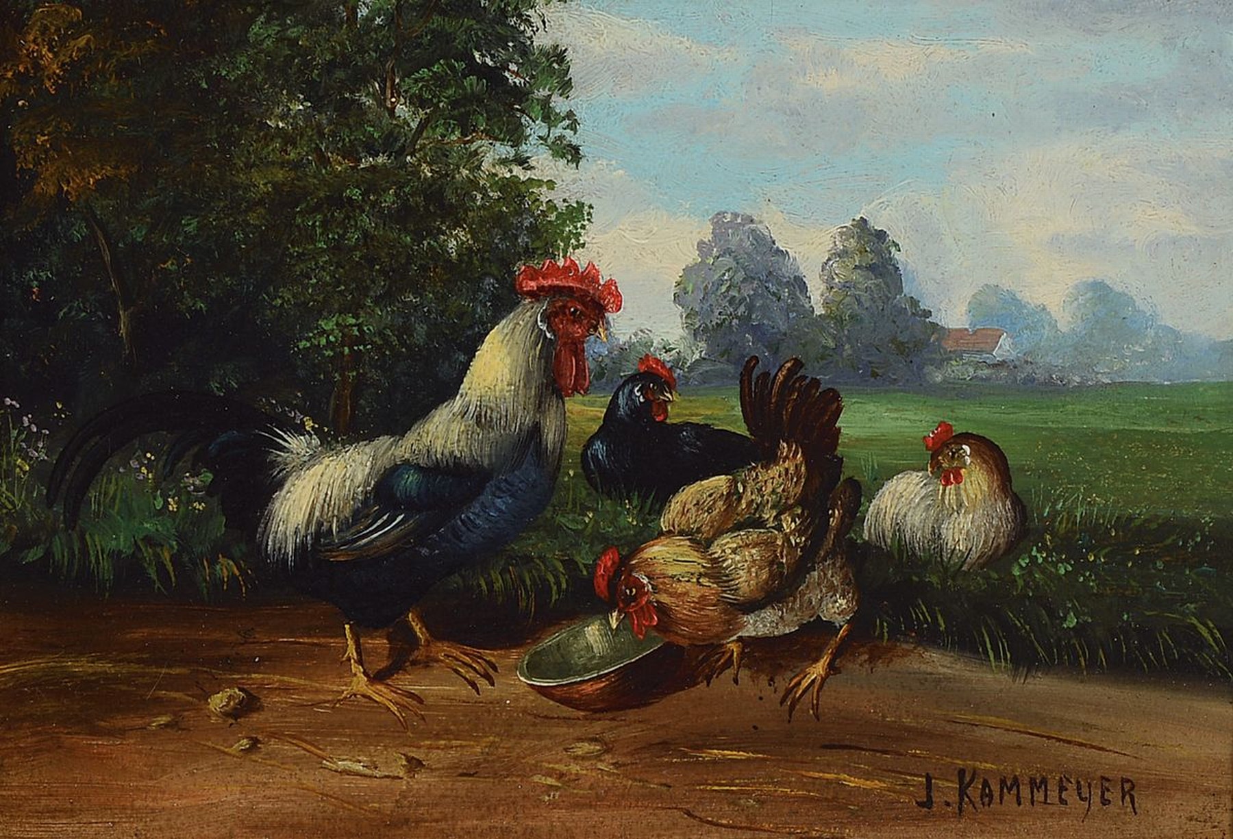 K. Kammeyer, erste Hälfte 20. Jh., Hühnerhof, Öl/Malkarton, re. unten signiert, ca. 17.5 x 24 cm, 38 x 45 cm, schwarzer Holzrahmen, l. Alters- und ...