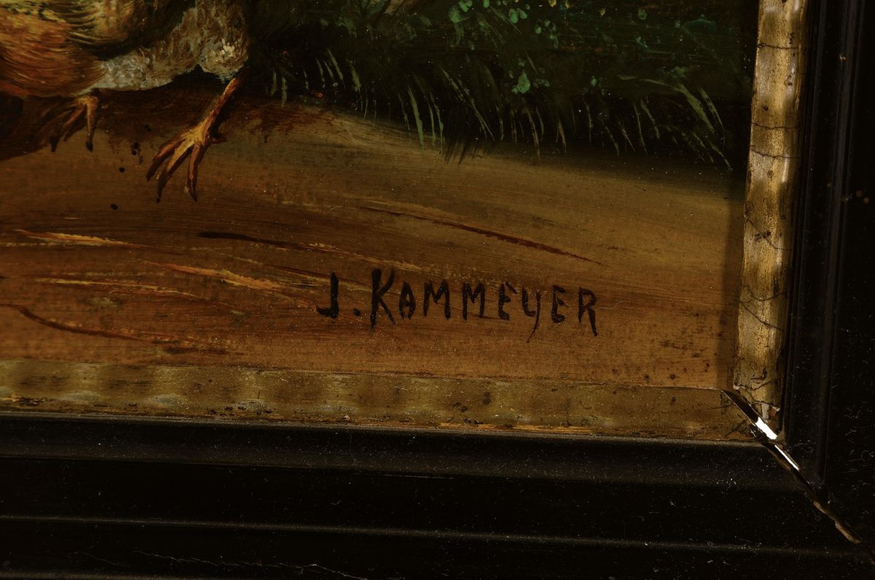 Detail a: K. Kammeyer, erste Hälfte 20. Jh., Hühnerhof, Öl/Malkarton, re. unten signiert, ca. 17.5 x 24 cm, 38 x 45 cm, schwarzer Holzrahmen, l. Alters- und ...