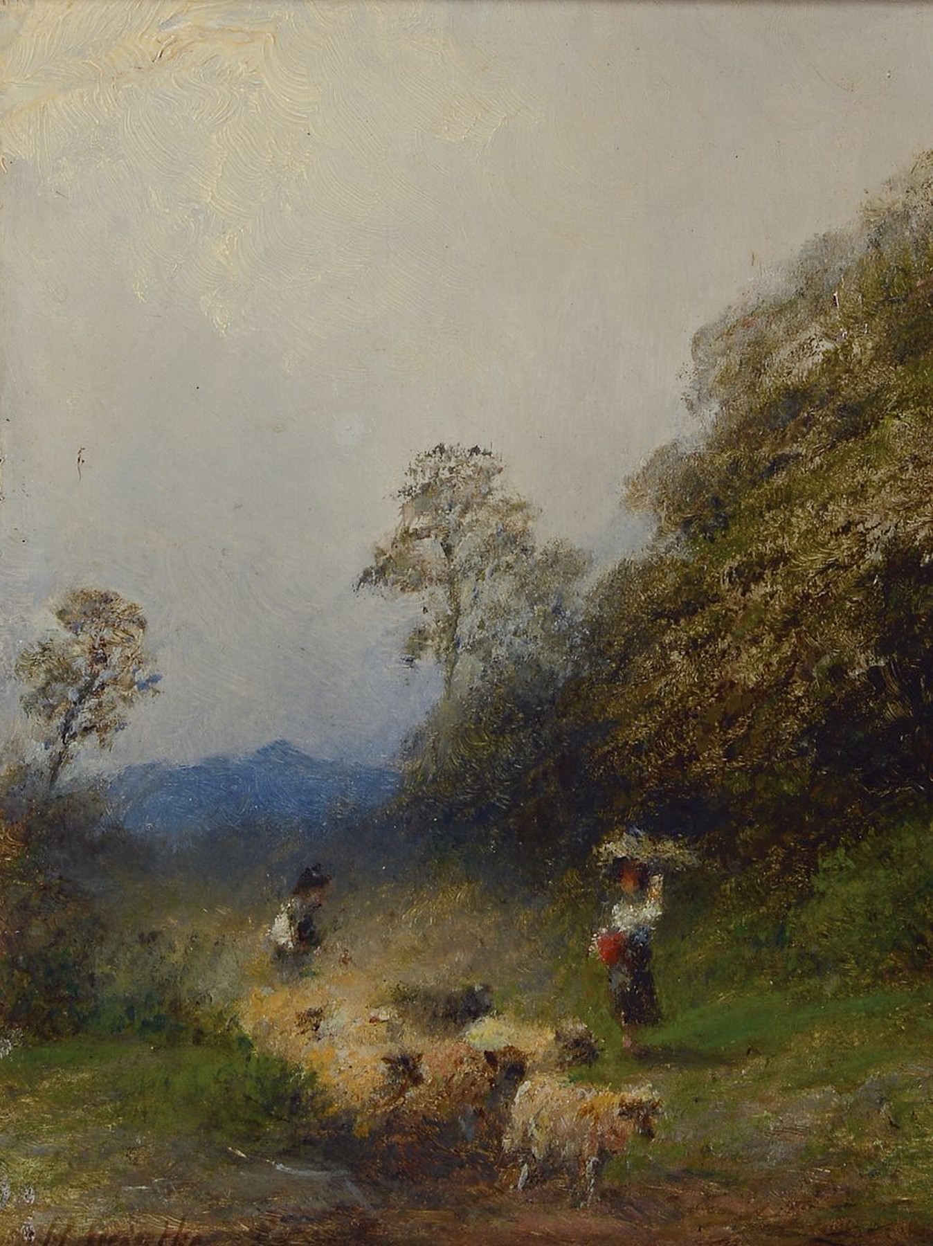 Detail b: H. Steintke, um 1900, zwei Pendants, Hirtendarstellungen in Landschaften, Öl/Holz, 16 x 12 cm, beide gerahmt, ca. 28 x 24 cm