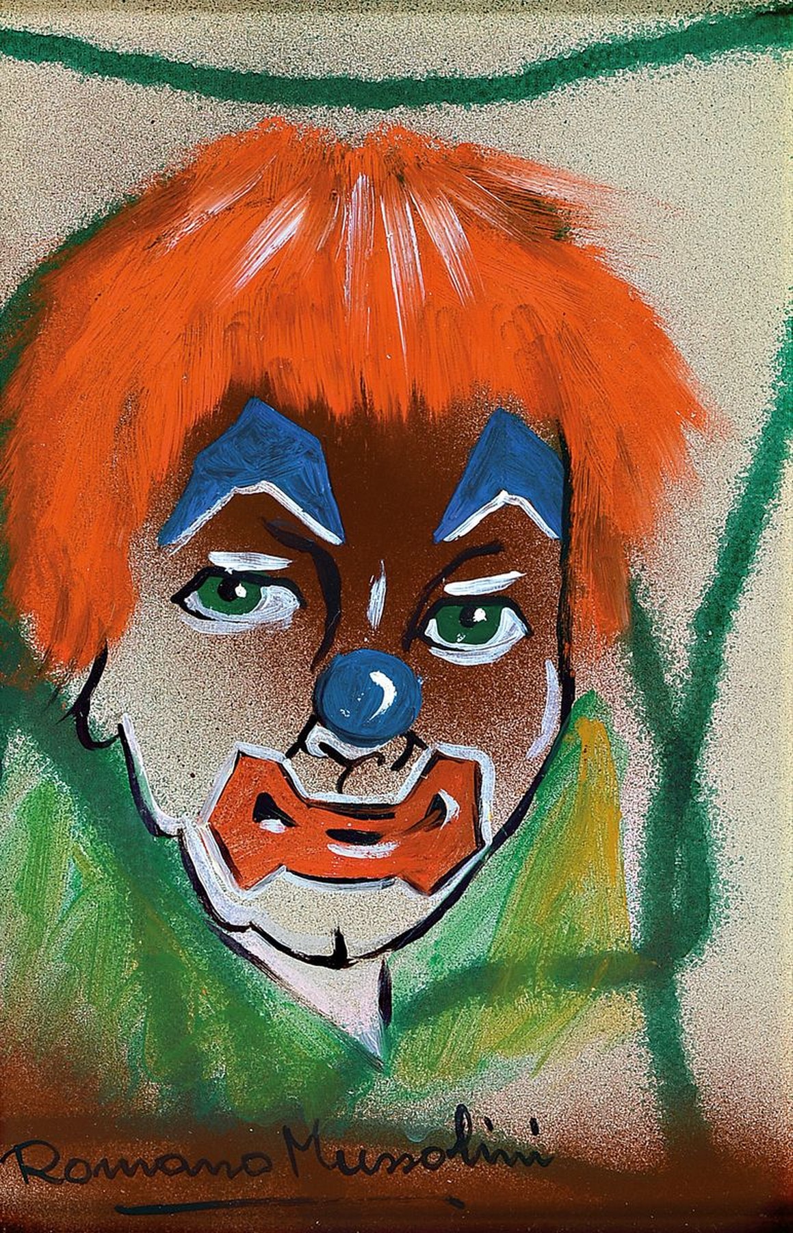 Romano Mussolini, 1927 Forli-2006 Rom, Sohn von Benito Mussolini, Musiker und Maler, hier: Portrait eines Clowns, Mischtechnik auf Platte, links ...