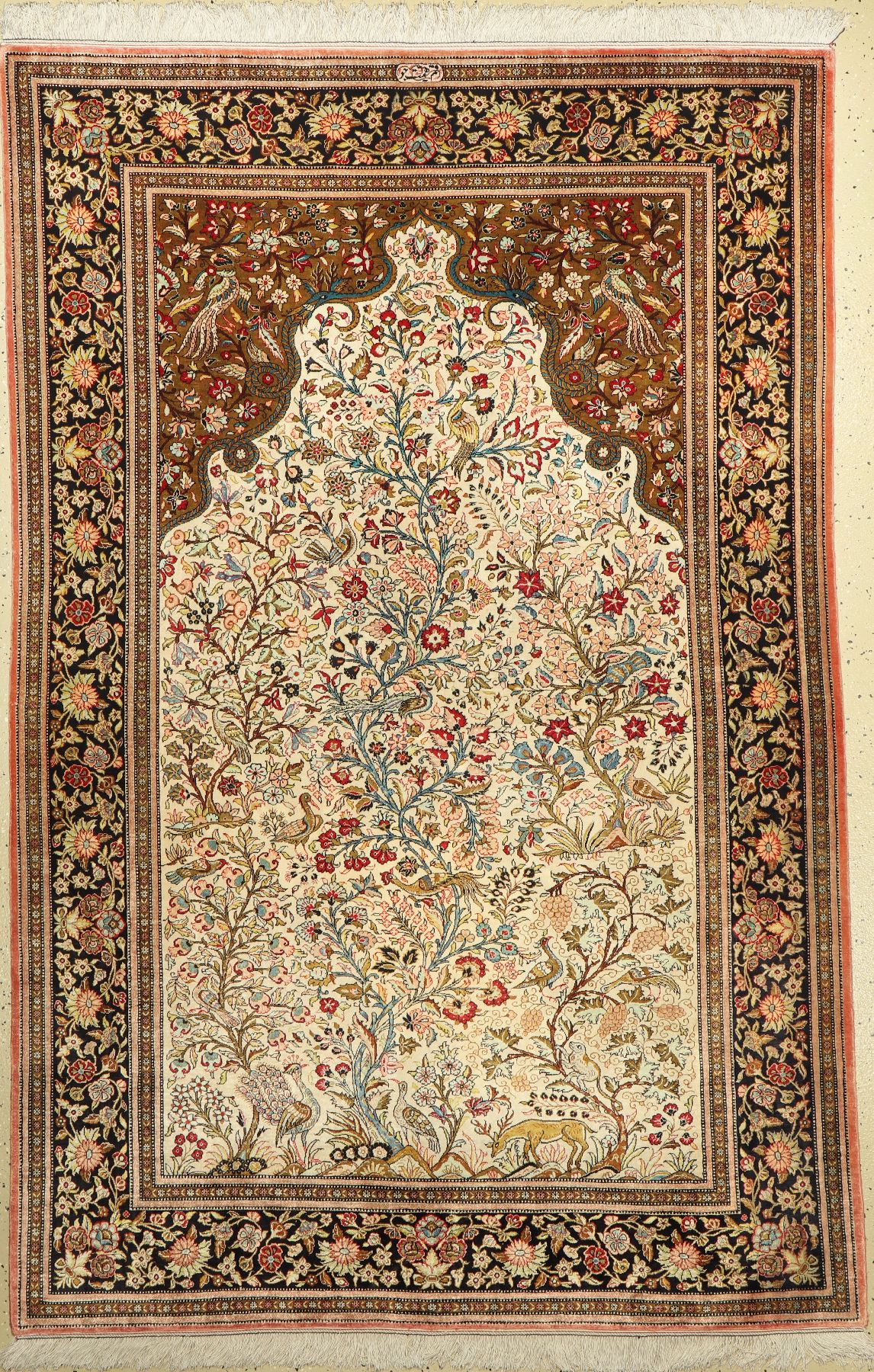 Ghom Seide alt Signiert, (Hematdju), Persien, um 1950, reine Naturseide, ca. 208 x 138 cm, EHZ: 2