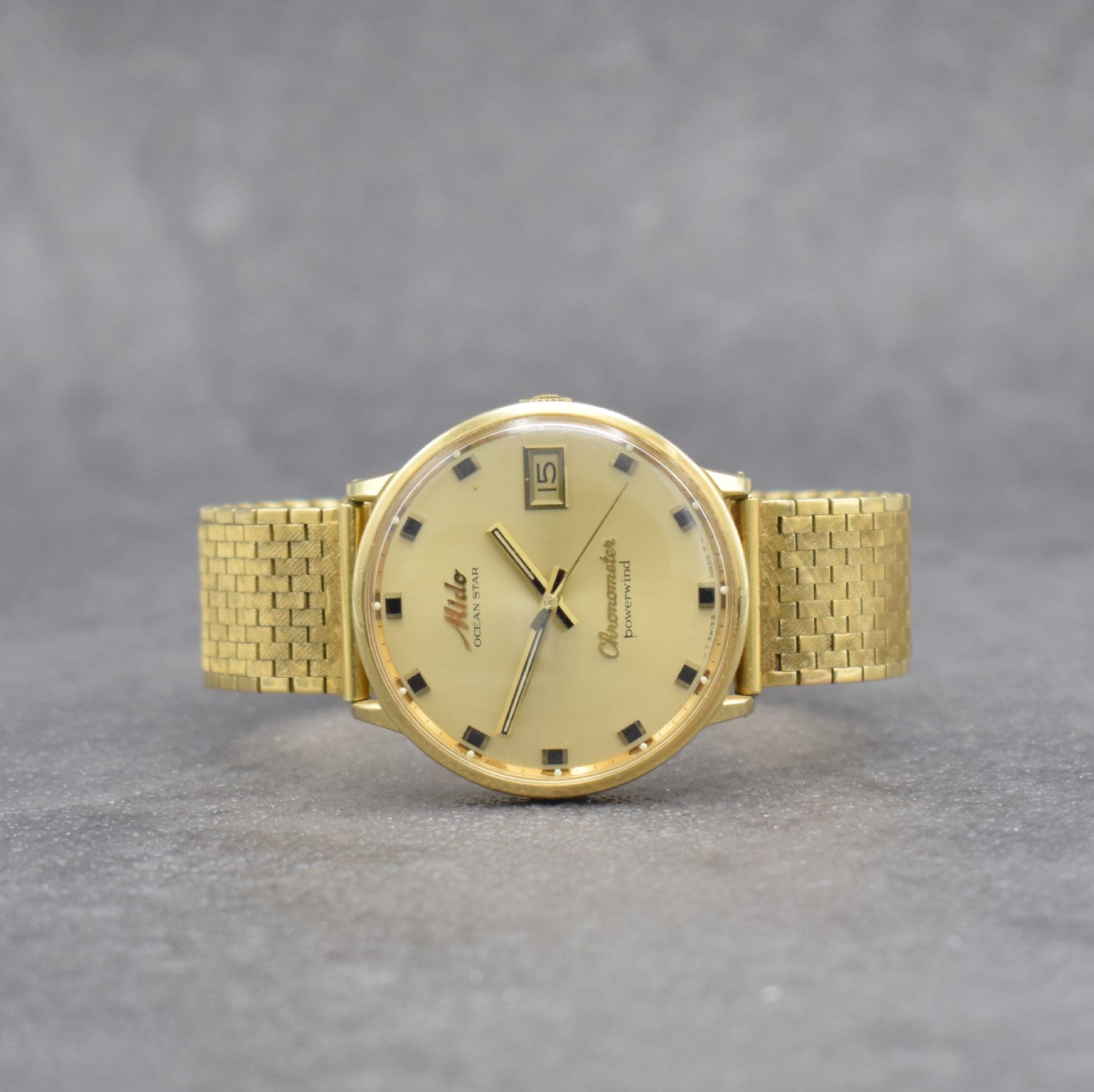MIDO Chronometer Ocean Star seltene Herrenarmbanduhr in GG 585/000 im F B Gehäuse, Schweiz um 1970, Automatik, Ref. 5047, Monocoque-Geh., gold. ...