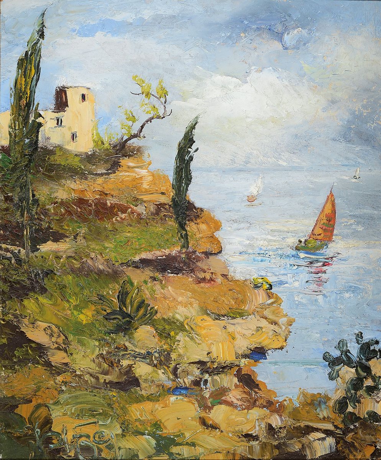 Karl Philipp Spitzer, 1887-1954 Speyer, Südliche Küstenlandschaft, Öl/Malkarton, links unten signiert, ca. 60x50cm, R. ca. 74x 64cm