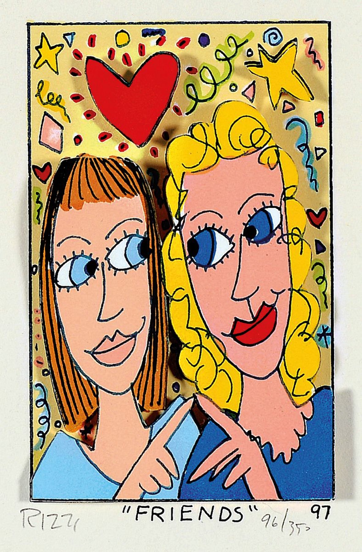 James Rizzi, 1950-2011, 3D-Konstruktion, "Friends", handsign., num. 96/350, dat. 97, unter Glas gerahmt, ca. 28x26 cm