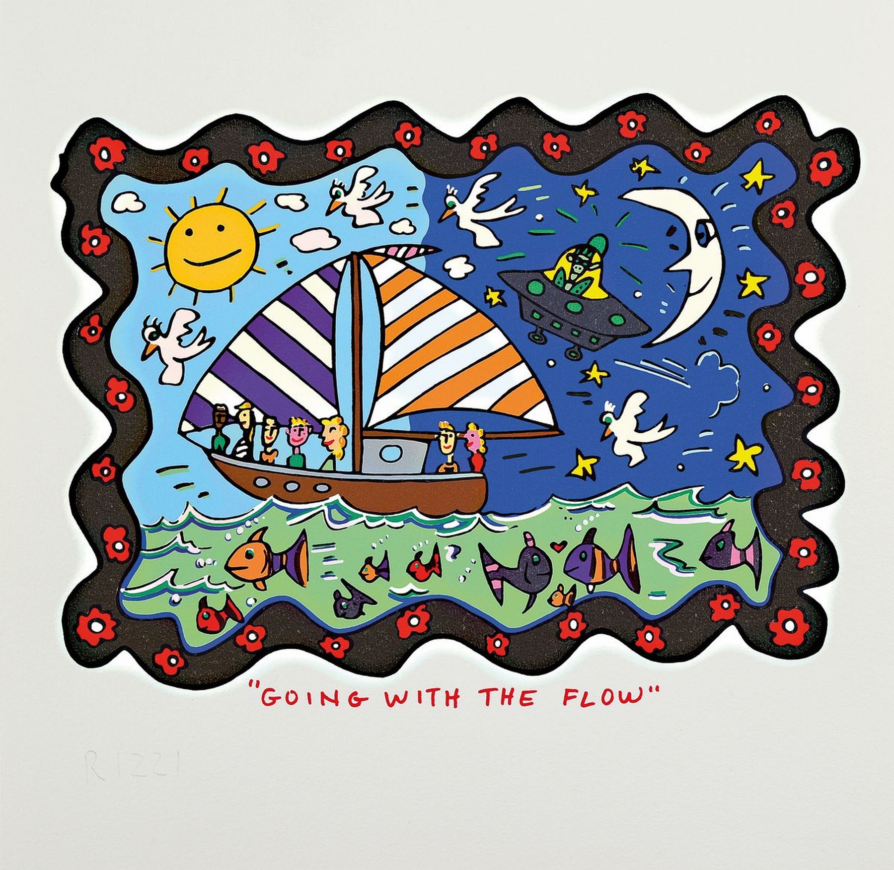 James Rizzi,1950-2011, Farblithographie, "Going with the Flow", sign., ca. 30x30 cm