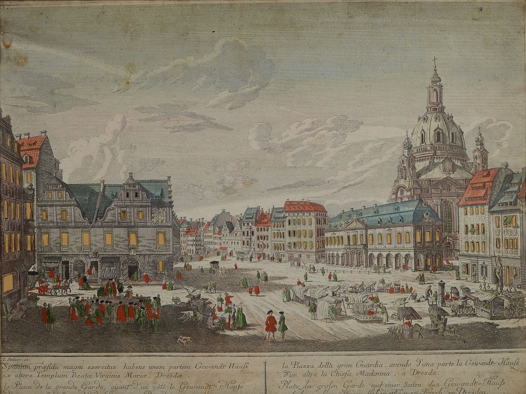 Drei Guckkastenbilder, I.I. Stelzer, Ansichten von Dresden, königliche katholische Kirche...; Garten des Herrn Grafen von Brühl..., Platz der ...