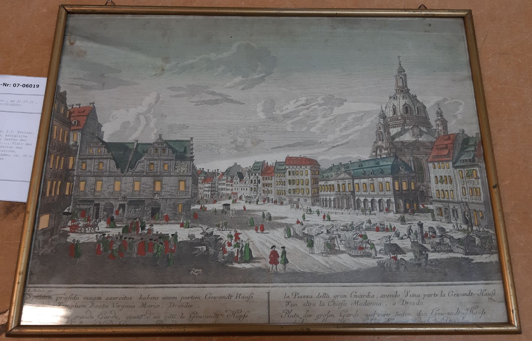 Detail d: Drei Guckkastenbilder, I.I. Stelzer, Ansichten von Dresden, königliche katholische Kirche...; Garten des Herrn Grafen von Brühl..., Platz der ...