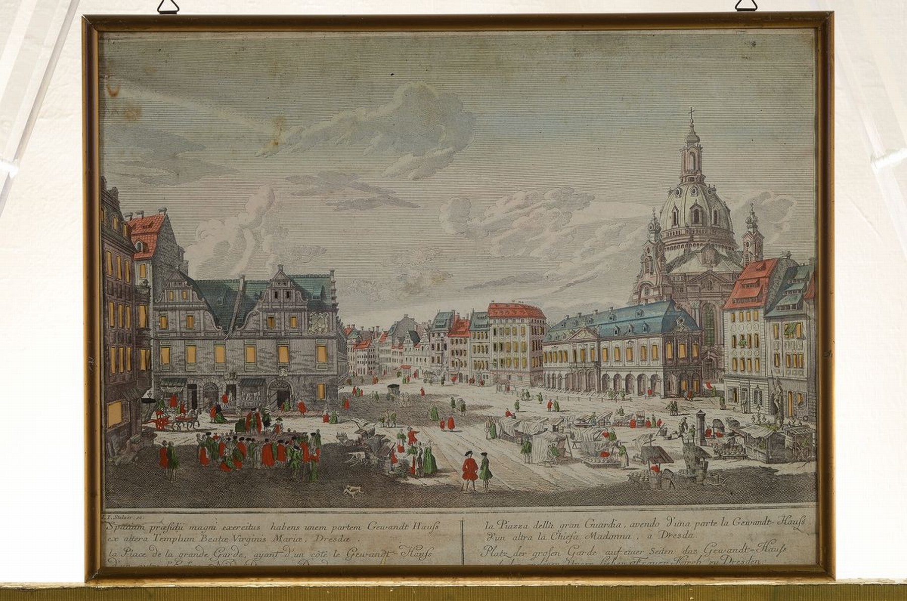 Detail k: Drei Guckkastenbilder, I.I. Stelzer, Ansichten von Dresden, königliche katholische Kirche...; Garten des Herrn Grafen von Brühl..., Platz der ...