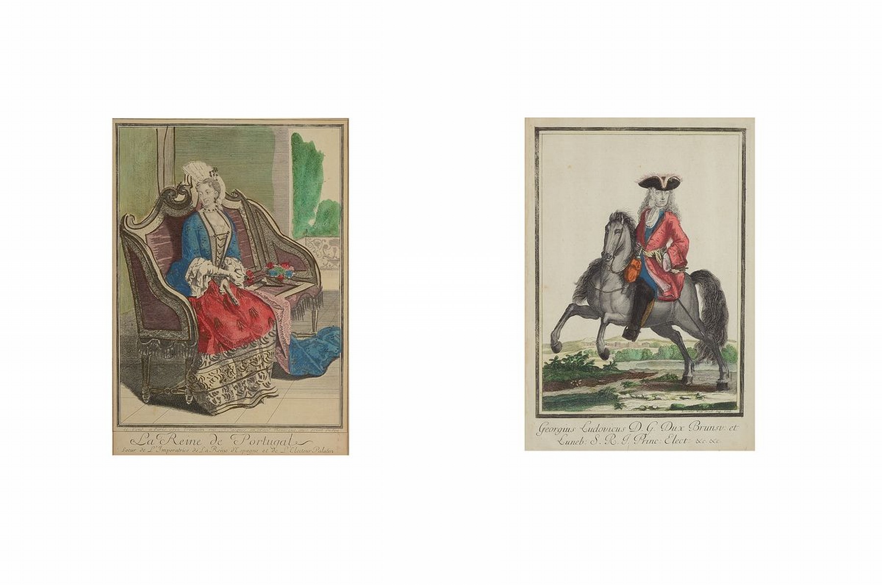 4 Kupferstiche, Robert Bonnart, 1652-1733, höfische Kostüme, a. Herzog Georg Ludwig von Braunschweig, b. Madame La Duchesse Electoral de Bauierre; ...