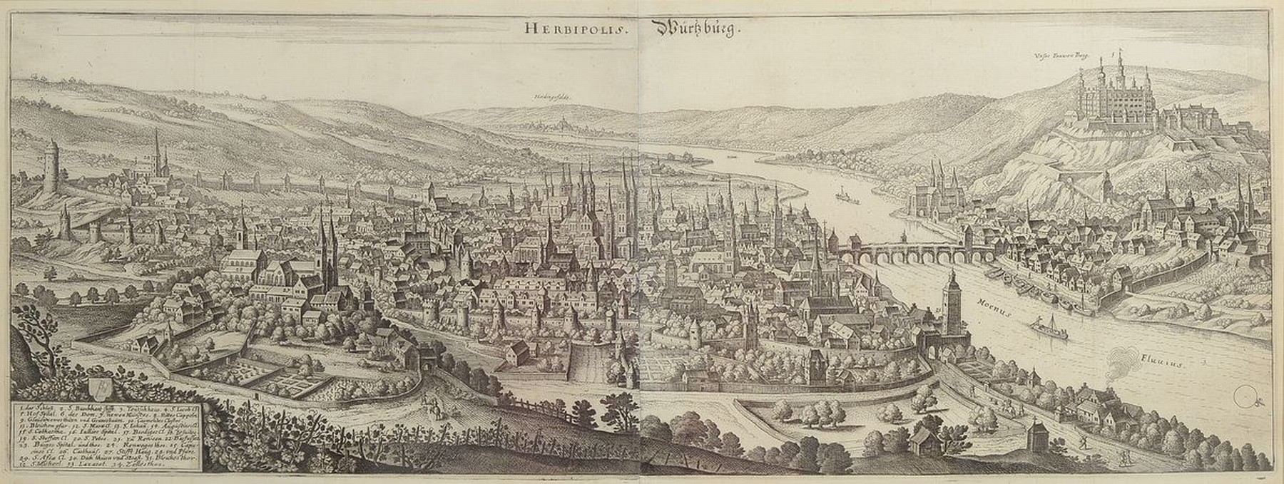 6 Kupferstiche mit Würzburger Ansichten, meistaus Topografie Franken von Matthias Merian, Mitte 17. Jh., Schloß, Julier Spital, Blick auf die ...