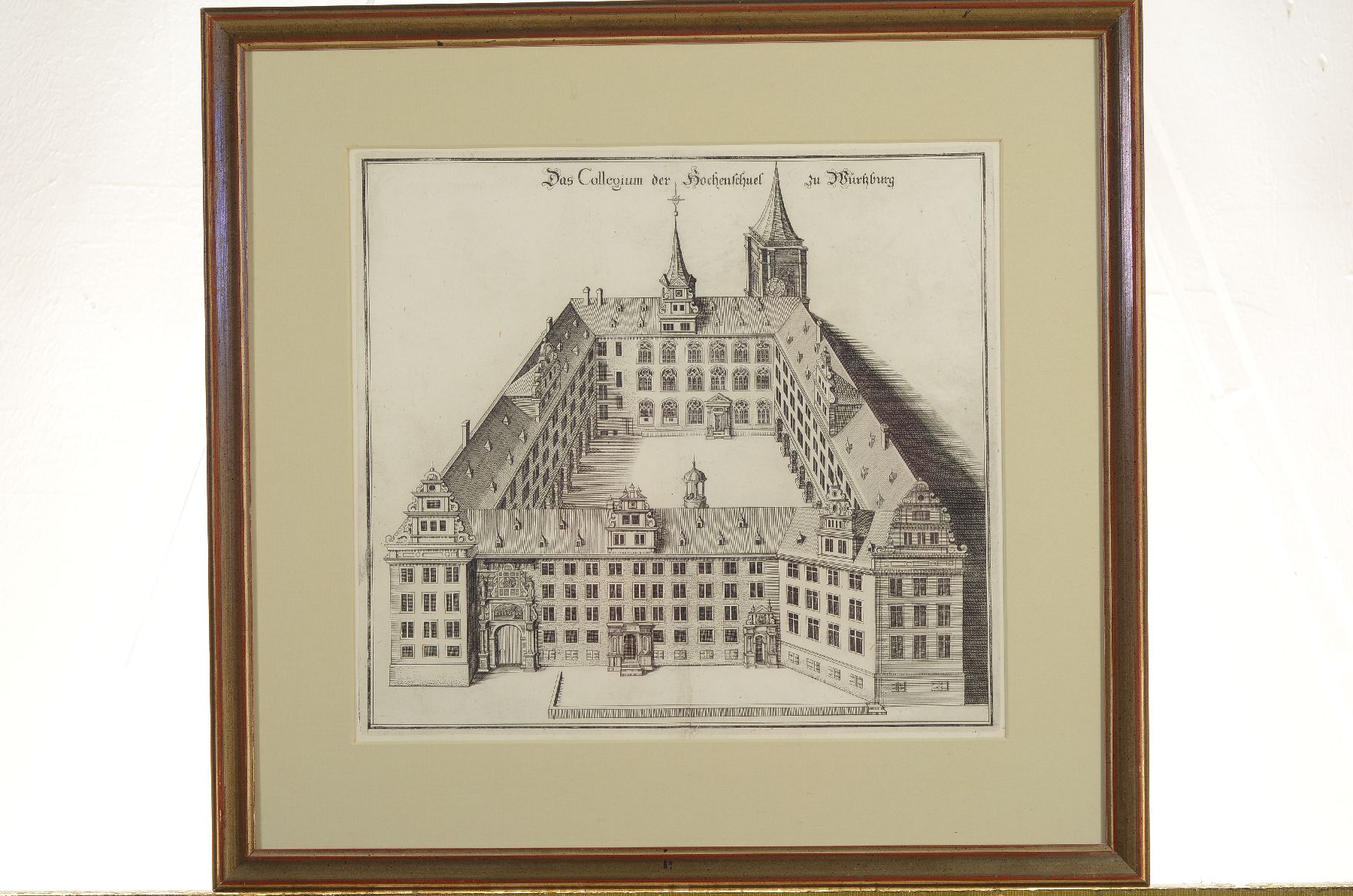 Detail e: 6 Kupferstiche mit Würzburger Ansichten, meistaus Topografie Franken von Matthias Merian, Mitte 17. Jh., Schloß, Julier Spital, Blick auf die ...