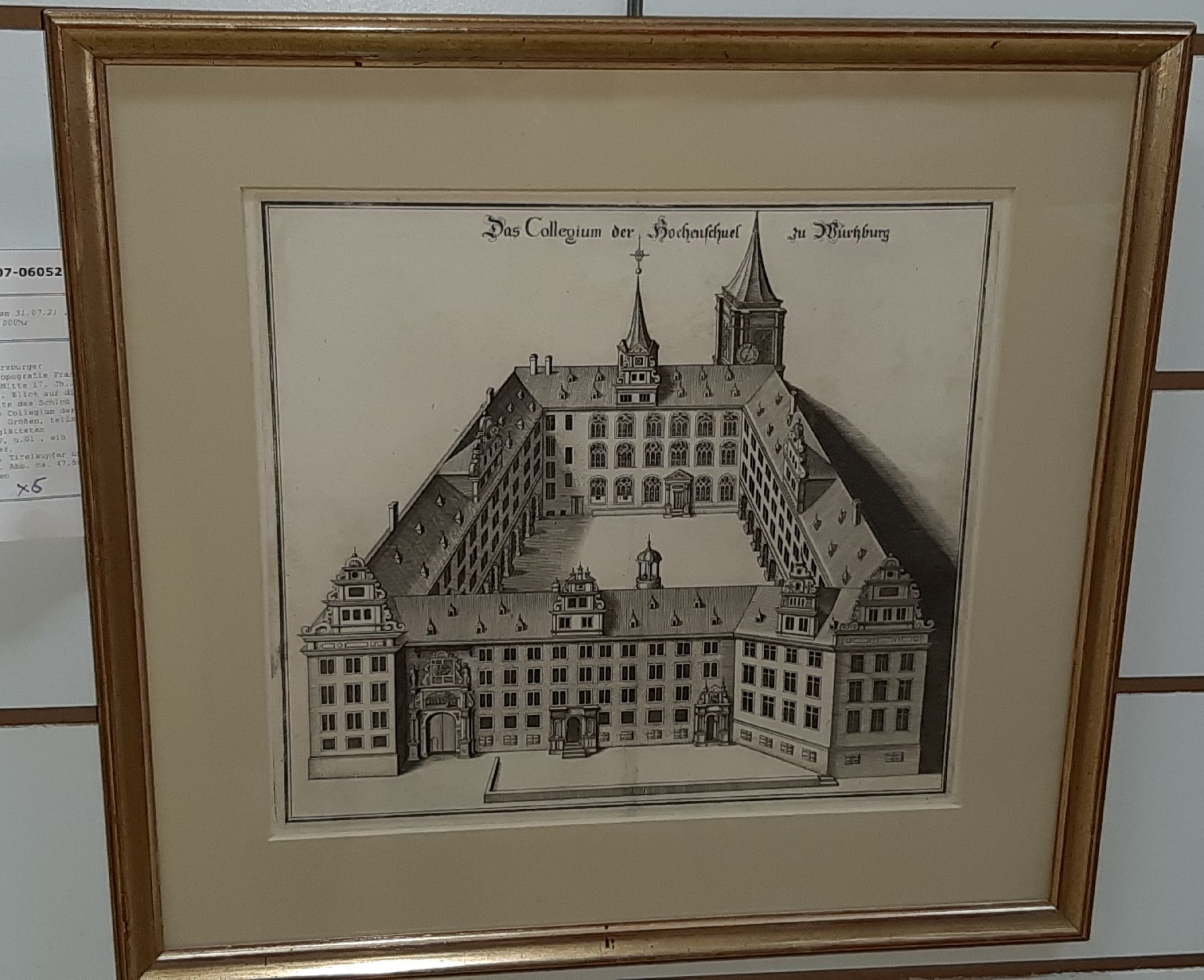 Detail j: 6 Kupferstiche mit Würzburger Ansichten, meistaus Topografie Franken von Matthias Merian, Mitte 17. Jh., Schloß, Julier Spital, Blick auf die ...