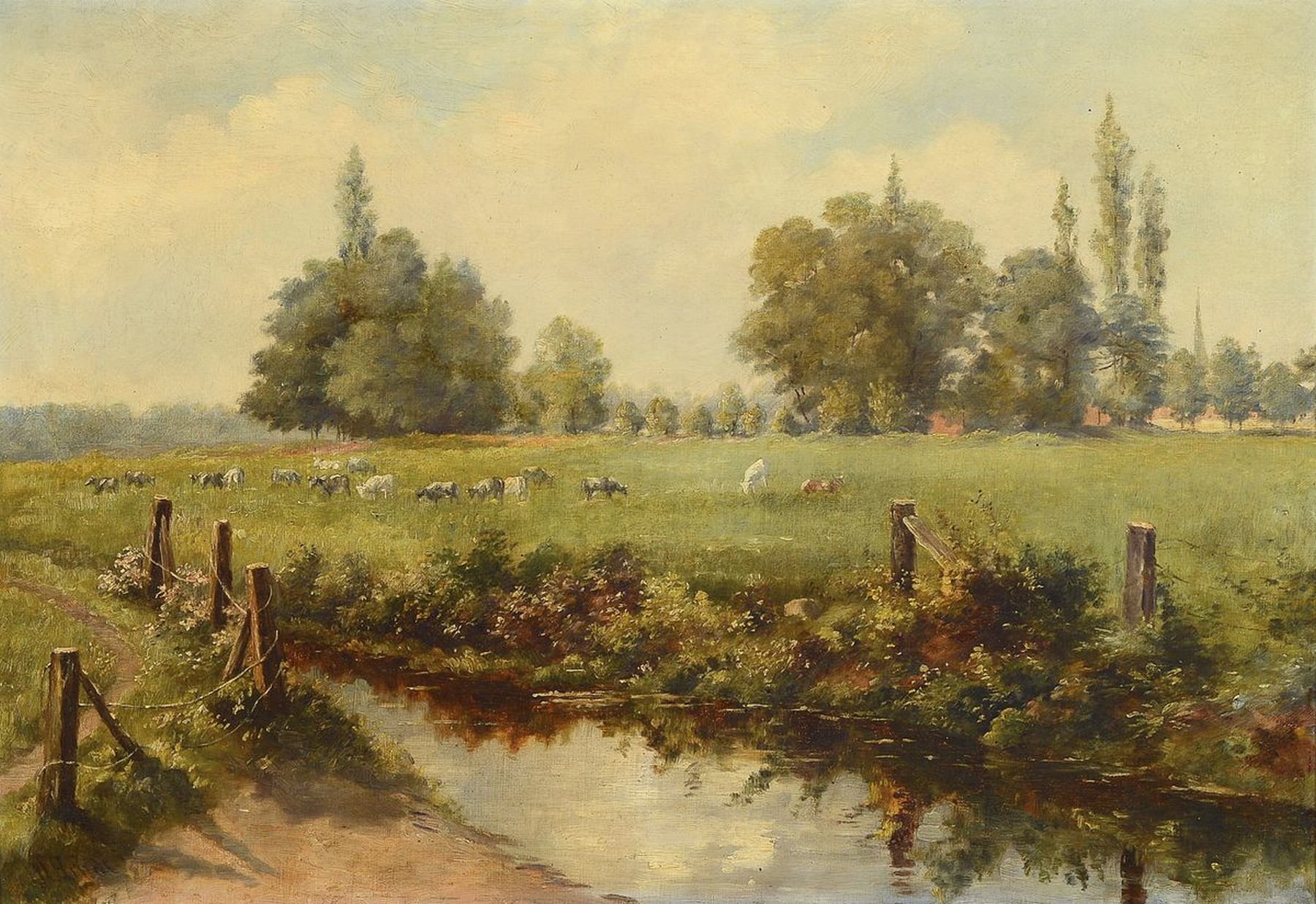 M. Arndt, Anfang 20. Jh., Kühe auf der Weide, Öl/Lwd, signiert, restauriert, ca. 50 x 72 cm, Rahmen l. best., ca. 64 x 86cm