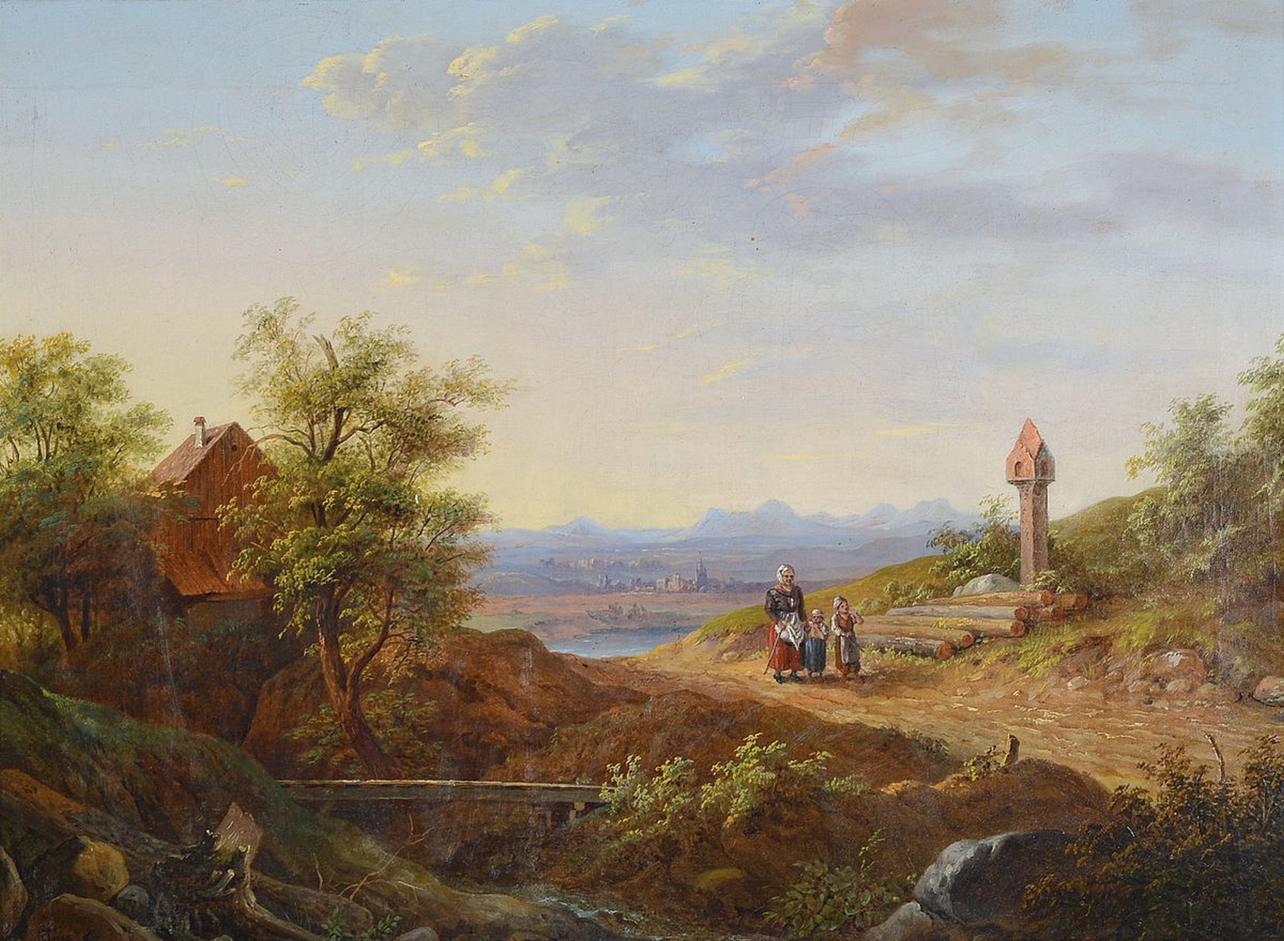 M.R. Torna oder Toina, Spätromantiker um 1860, italienische Landschaft mit Personen, qualitätvolle Malerei, Öl/Lwd, li. unten signiert, 45 x 62 ...