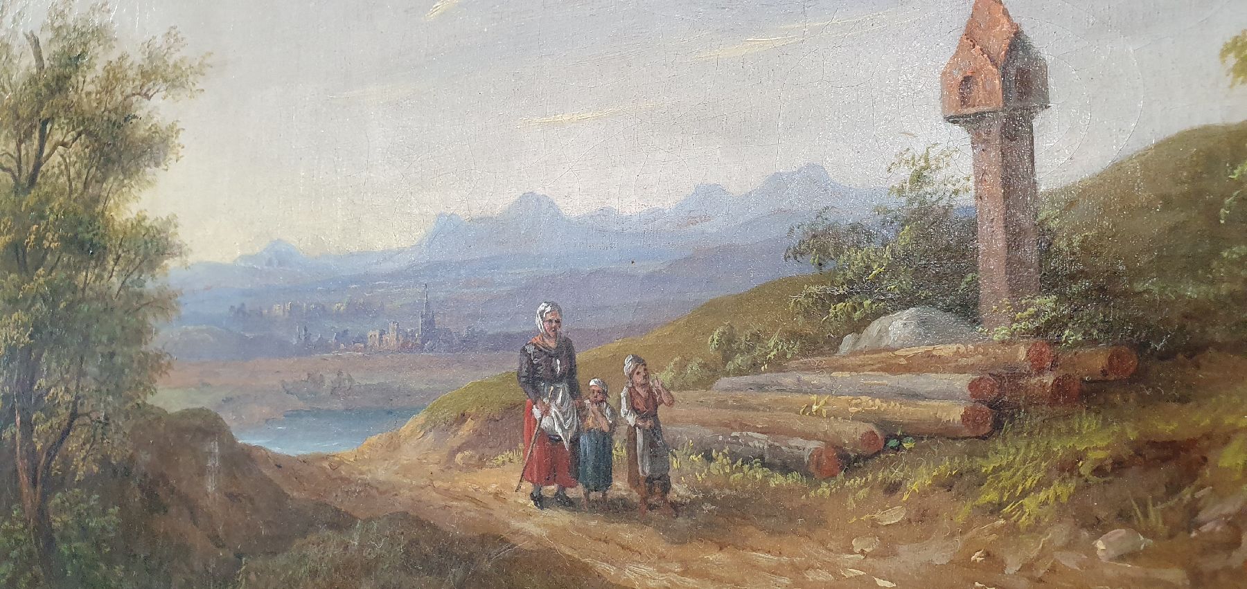 Detail d: M.R. Torna oder Toina, Spätromantiker um 1860, italienische Landschaft mit Personen, qualitätvolle Malerei, Öl/Lwd, li. unten signiert, 45 x 62 ...