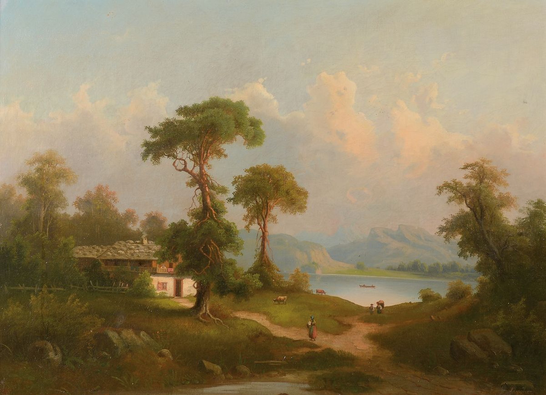 Fischer, Spätromantiker um 1870, wohl oberitalienischer Gebirgssee mit Personenstaffage, feine lasierende Malerei, re. u. signiert Fischer, leichte ...