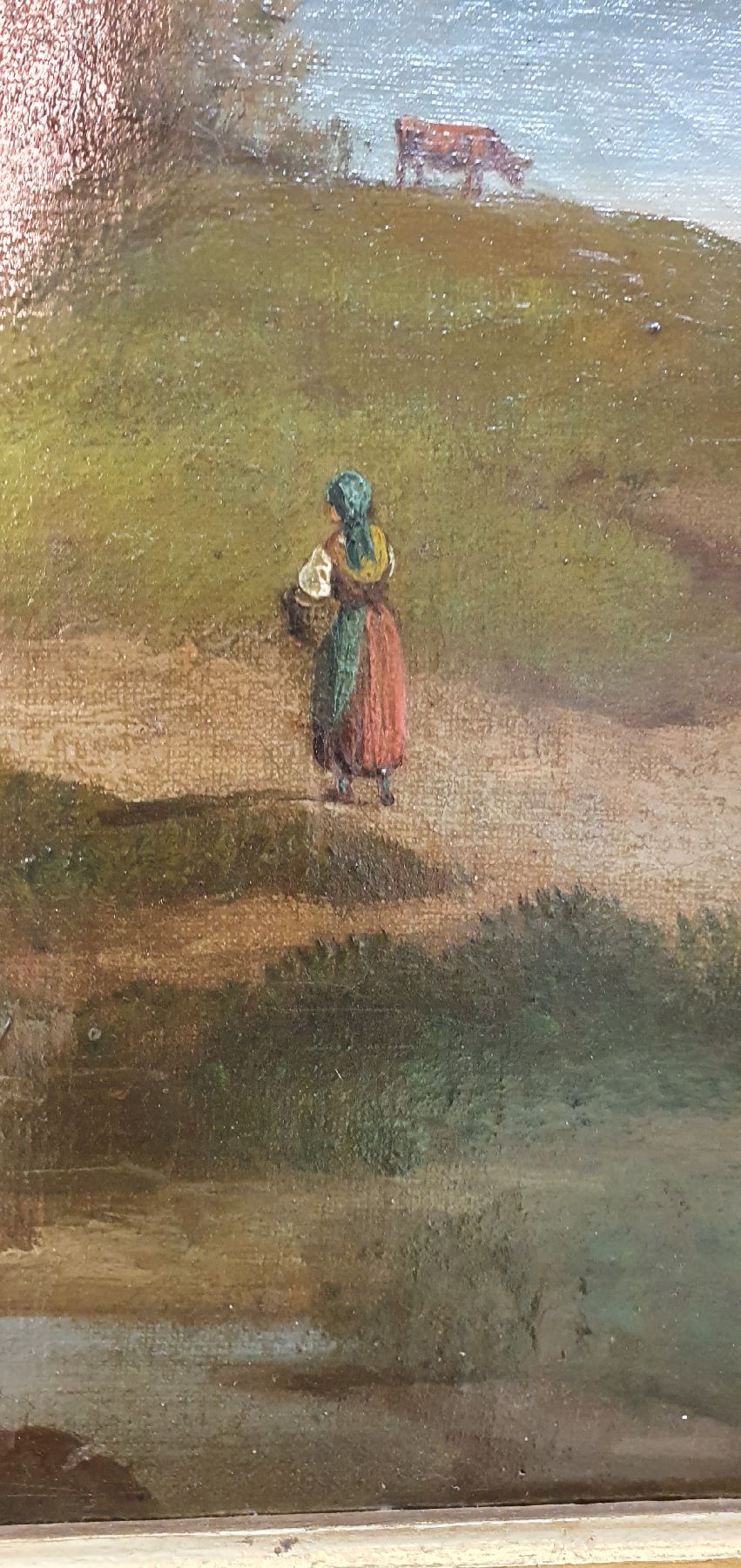 Detail a: Fischer, Spätromantiker um 1870, wohl oberitalienischer Gebirgssee mit Personenstaffage, feine lasierende Malerei, re. u. signiert Fischer, leichte ...