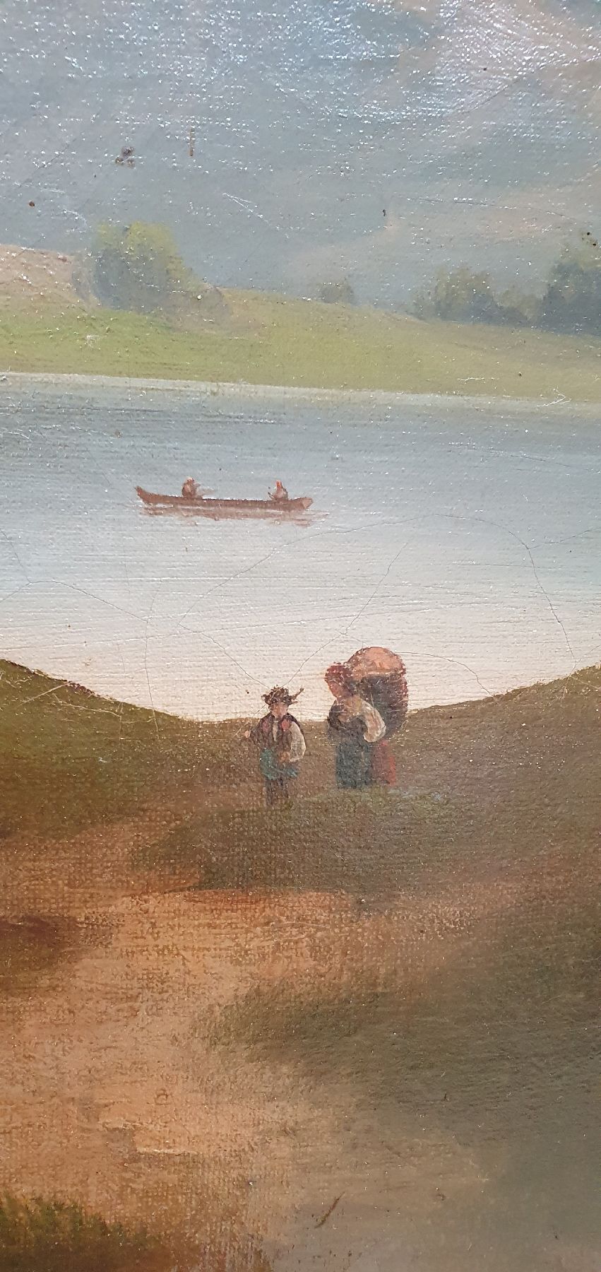 Detail b: Fischer, Spätromantiker um 1870, wohl oberitalienischer Gebirgssee mit Personenstaffage, feine lasierende Malerei, re. u. signiert Fischer, leichte ...