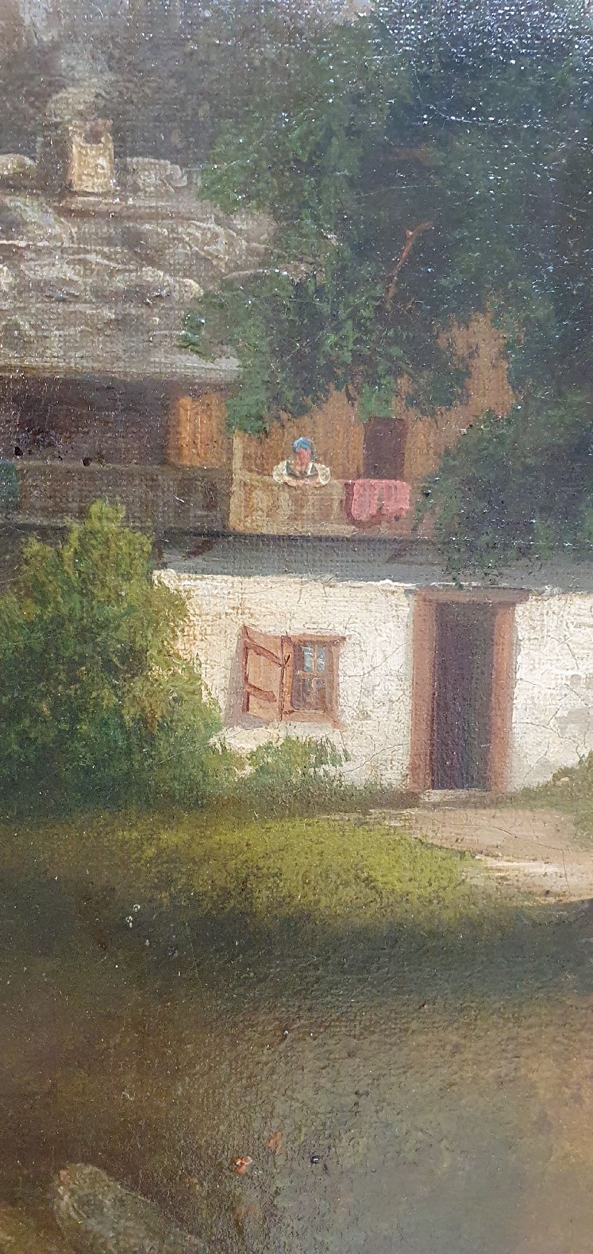 Detail c: Fischer, Spätromantiker um 1870, wohl oberitalienischer Gebirgssee mit Personenstaffage, feine lasierende Malerei, re. u. signiert Fischer, leichte ...