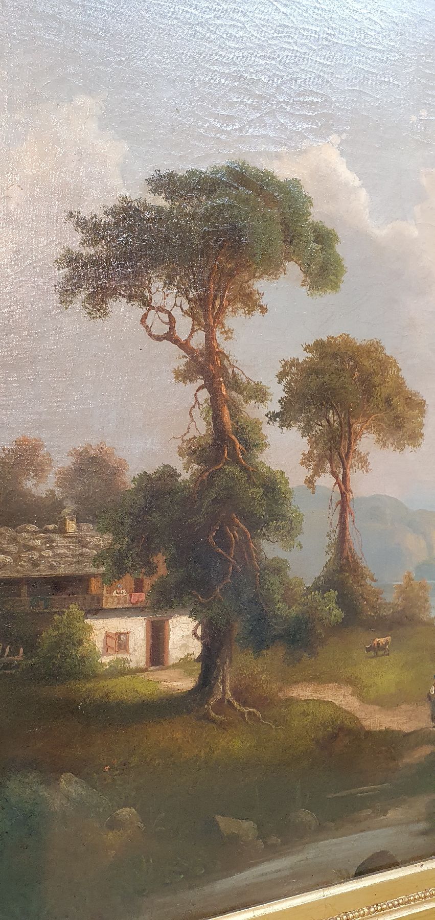 Detail d: Fischer, Spätromantiker um 1870, wohl oberitalienischer Gebirgssee mit Personenstaffage, feine lasierende Malerei, re. u. signiert Fischer, leichte ...