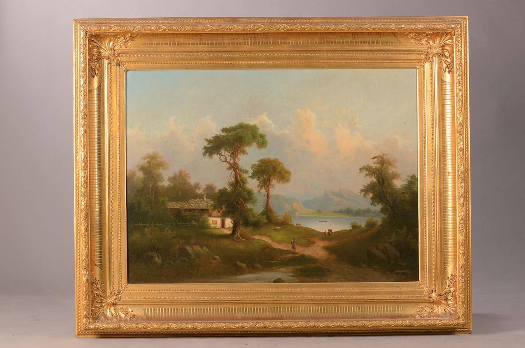 Detail k: Fischer, Spätromantiker um 1870, wohl oberitalienischer Gebirgssee mit Personenstaffage, feine lasierende Malerei, re. u. signiert Fischer, leichte ...