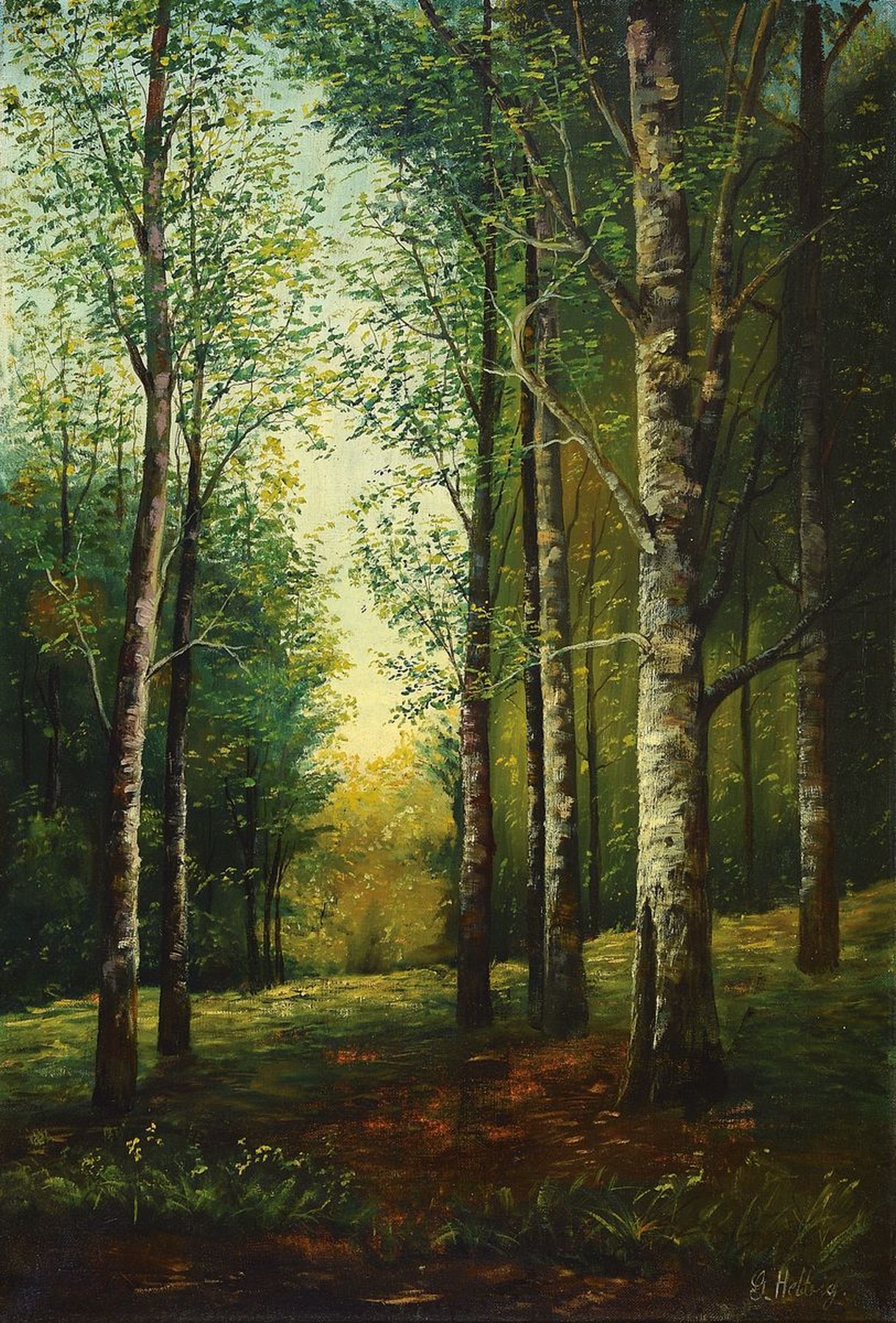 G. Helbig, Mitte 20. Jh., Buchenwald auf Rügen, Öl/Lwd, re. u. signiert, auf Schildchen betitelt, ca. 76 x 52 cm, Rahmen