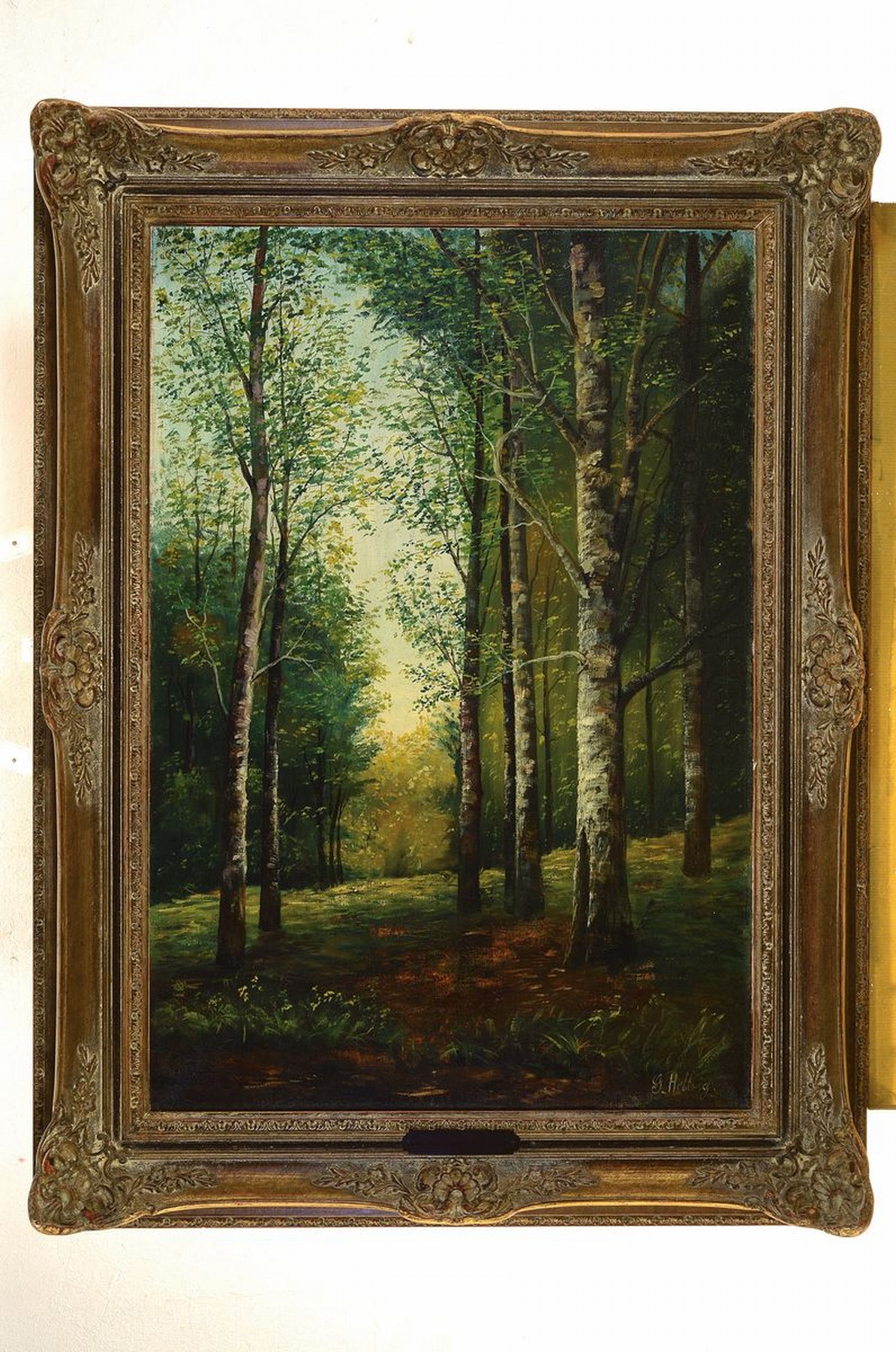 Detail k: G. Helbig, Mitte 20. Jh., Buchenwald auf Rügen, Öl/Lwd, re. u. signiert, auf Schildchen betitelt, ca. 76 x 52 cm, Rahmen