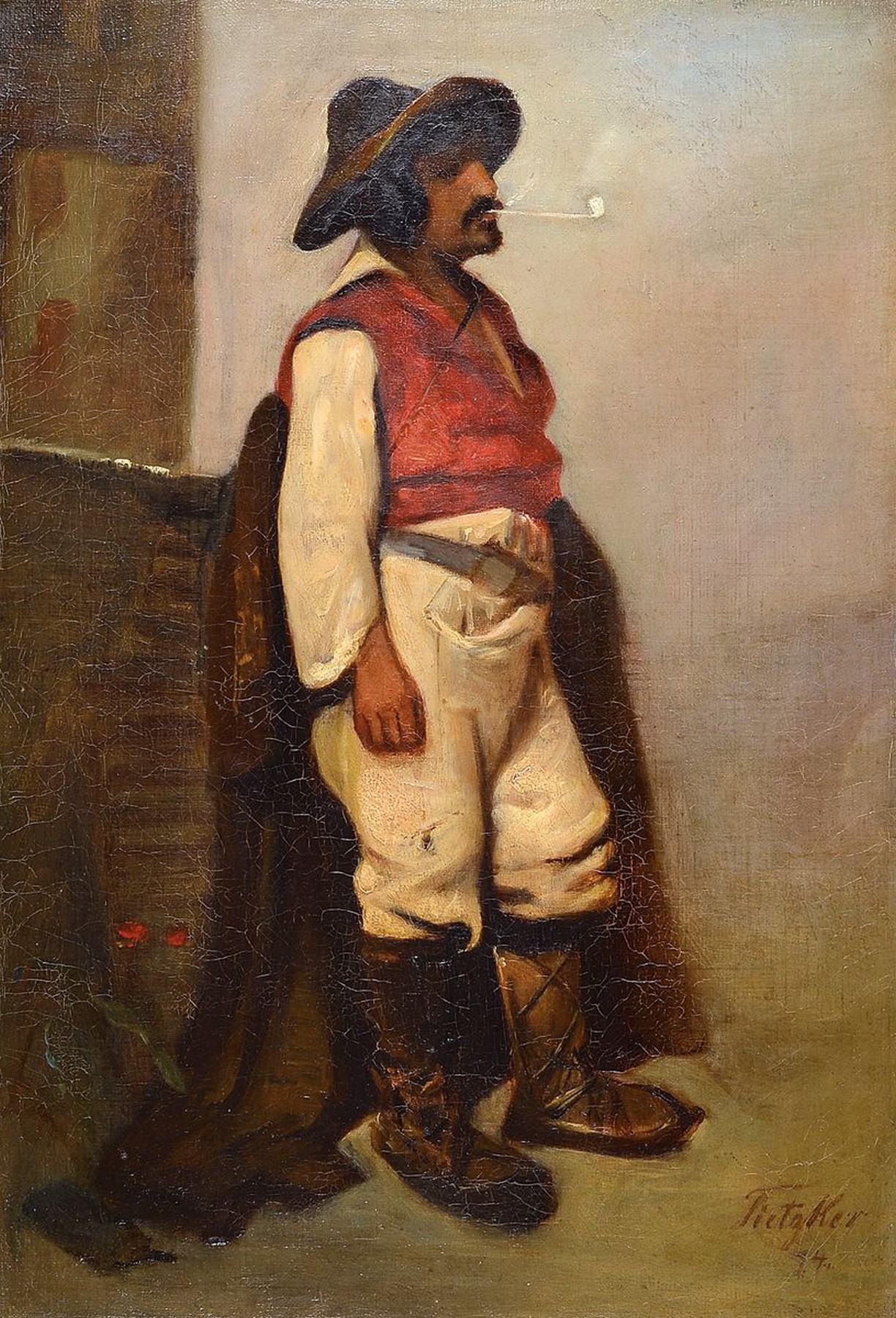 Tietzker, 2. Hälfte 19. Jh., Südländer mit Pfeife, Öl/Lwd, re. unten signiert, altersbedingt krakeliert, l. rest., parkettiert, ca. 50 x 34 cm, ...